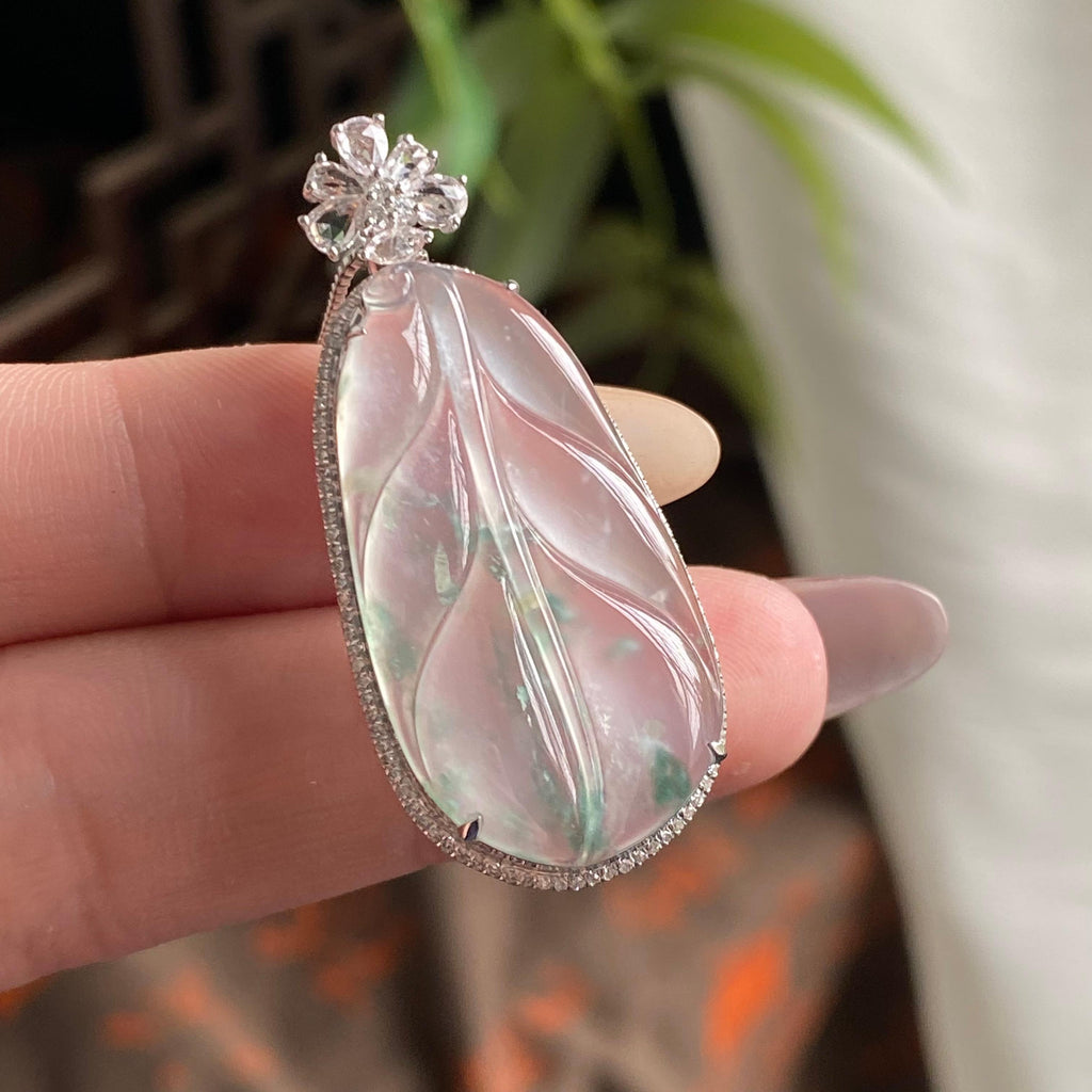 18k金钻镶冰玻种飘花玉叶吊坠（yc195102）