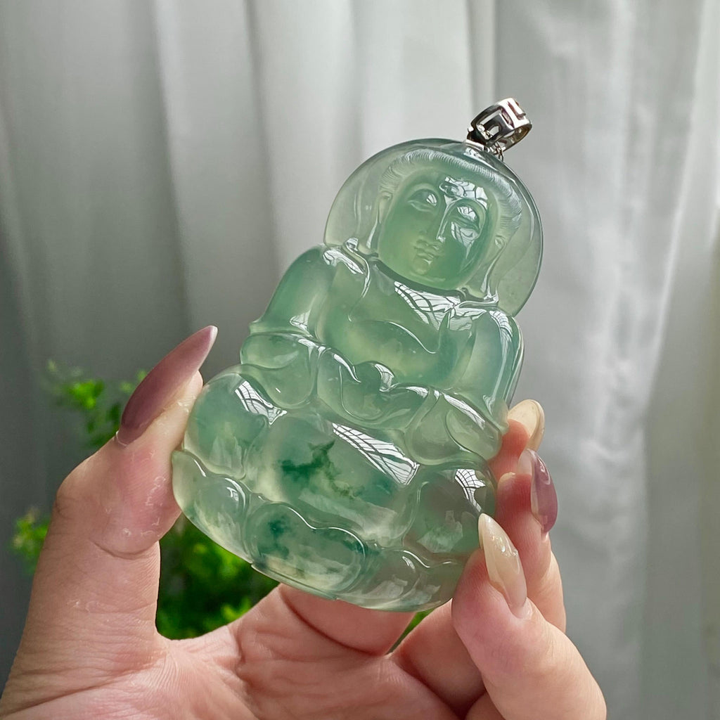 18k金镶冰种湖水绿飘花观音吊坠（yc201006）