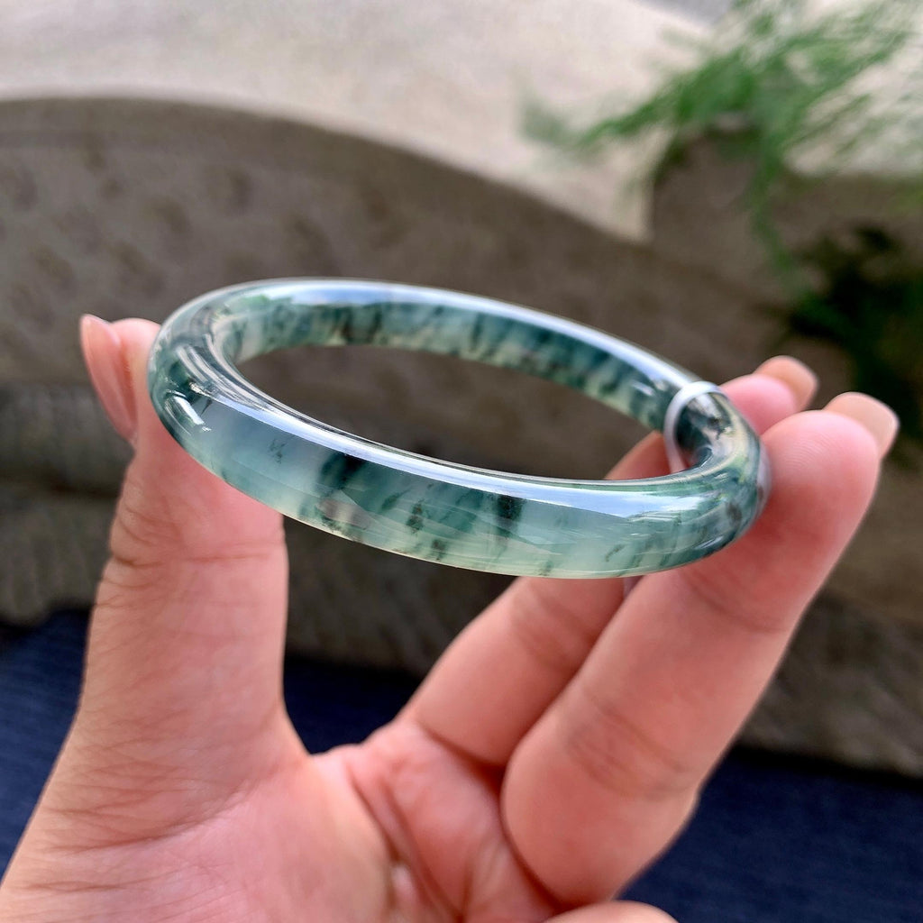糯冰种飘蓝花圆条手镯 53.3圈口 天然缅甸A货翡翠（yc496405）