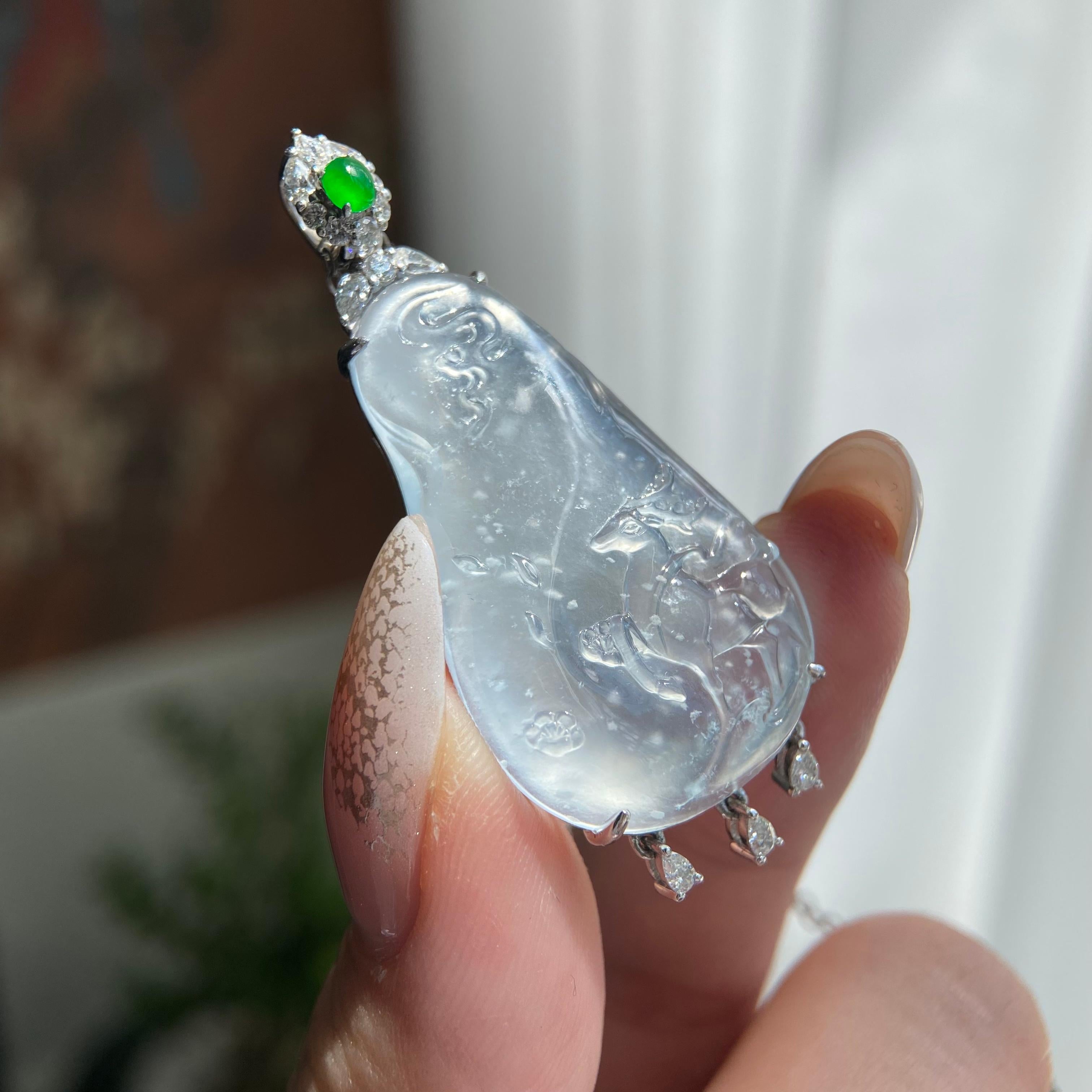 18k金钻镶冰玻种雪花棉小鹿吊坠（yc209963）