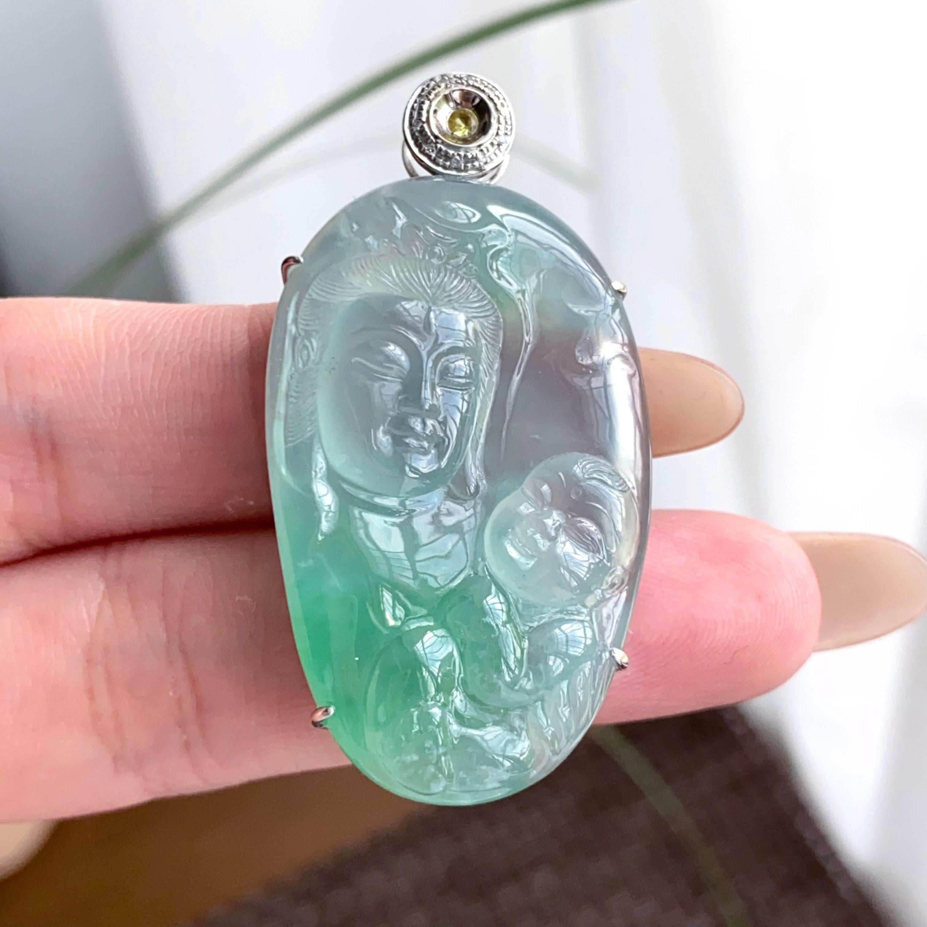 18k金钻镶冰种飘花送子观音吊坠（yc250320）