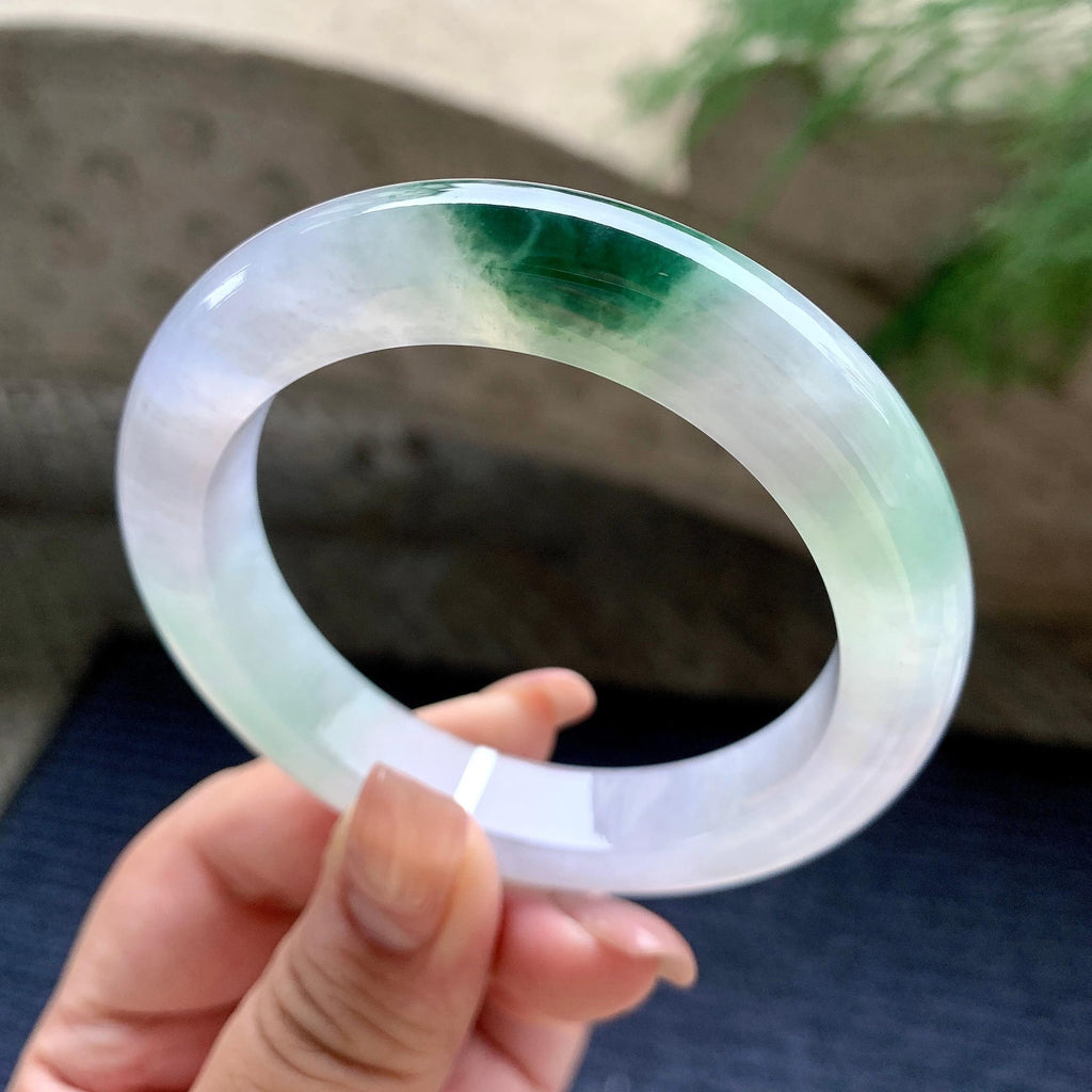 糯冰种淡紫底飘蓝花正圈平安镯 56圈口 天然缅甸A货翡翠（yc701150）