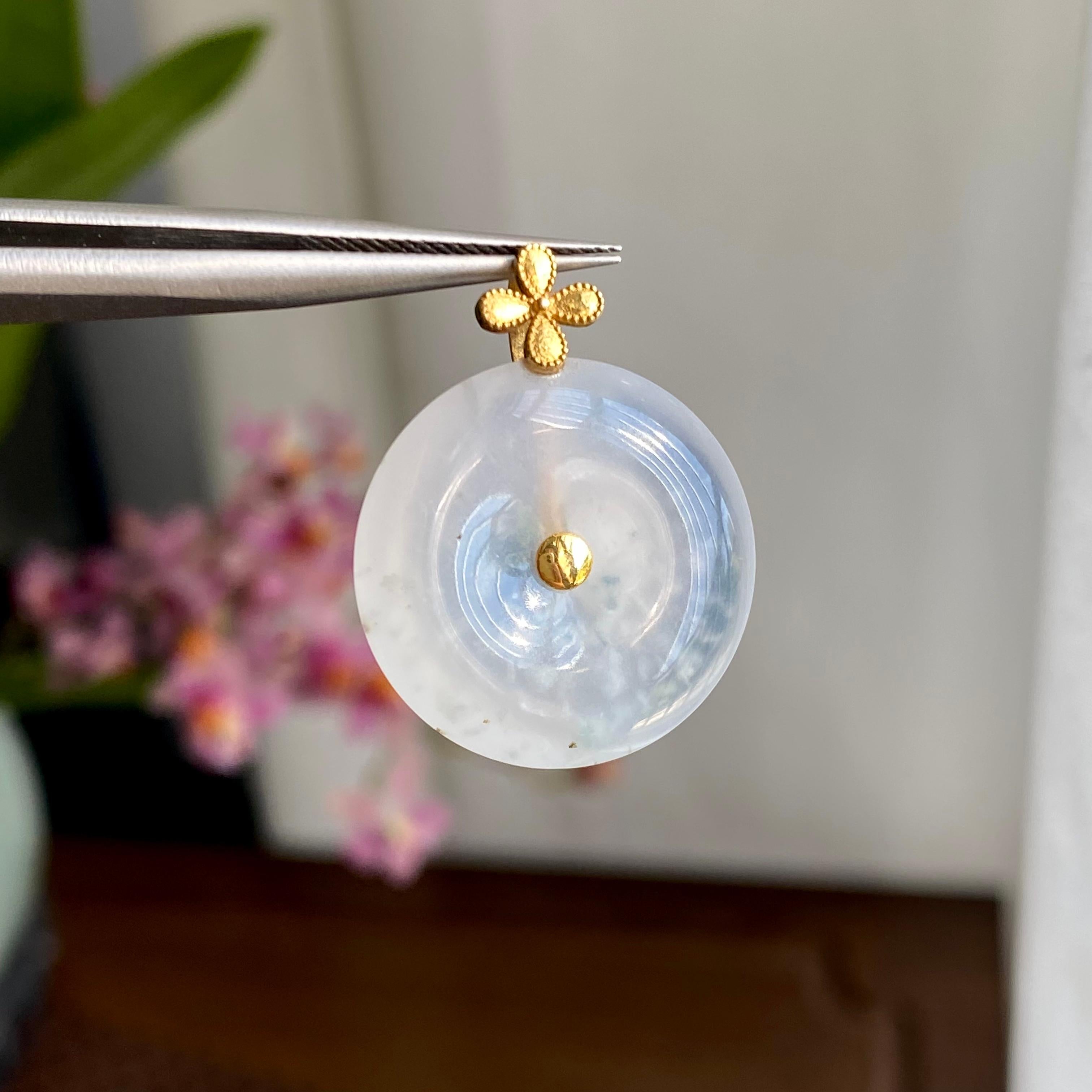 18K金钻镶冰种雪花棉平安扣吊坠（yc293805）