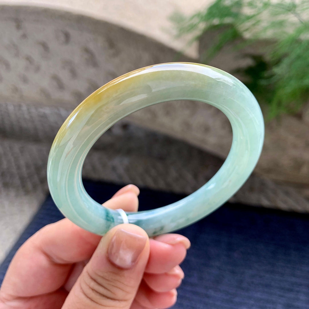 细糯种黄翡飘蓝花圆条手镯 54.3圈口 天然缅甸A货翡翠（yc701219）