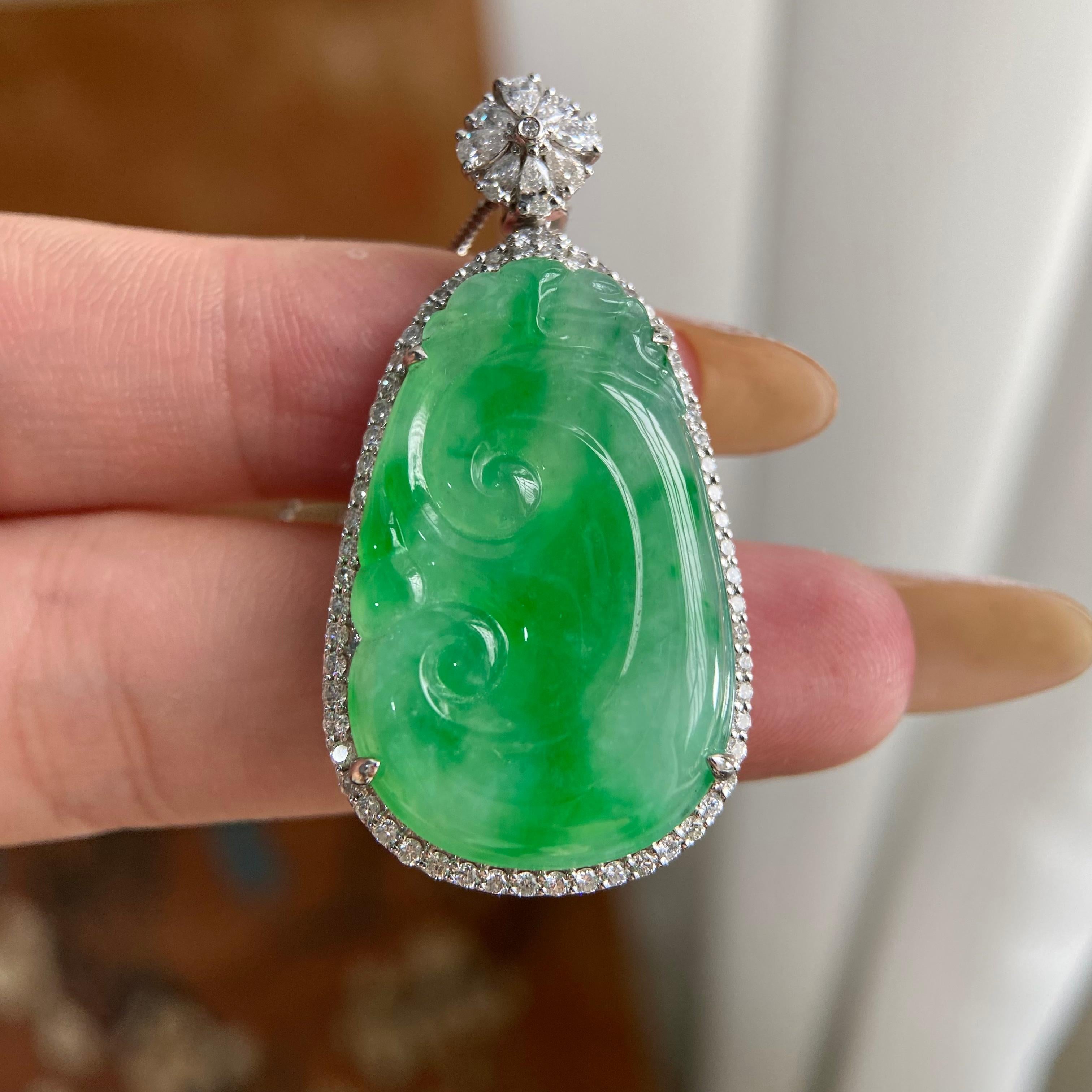 18k金钻镶糯冰种满绿如意吊坠（yc223807）