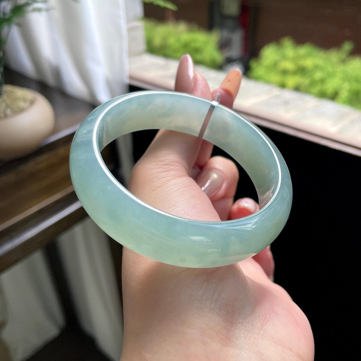 糯冰种冰蓝水油青色宽版正圈平安镯 57圈 天然缅甸A货翡翠（yc693183）