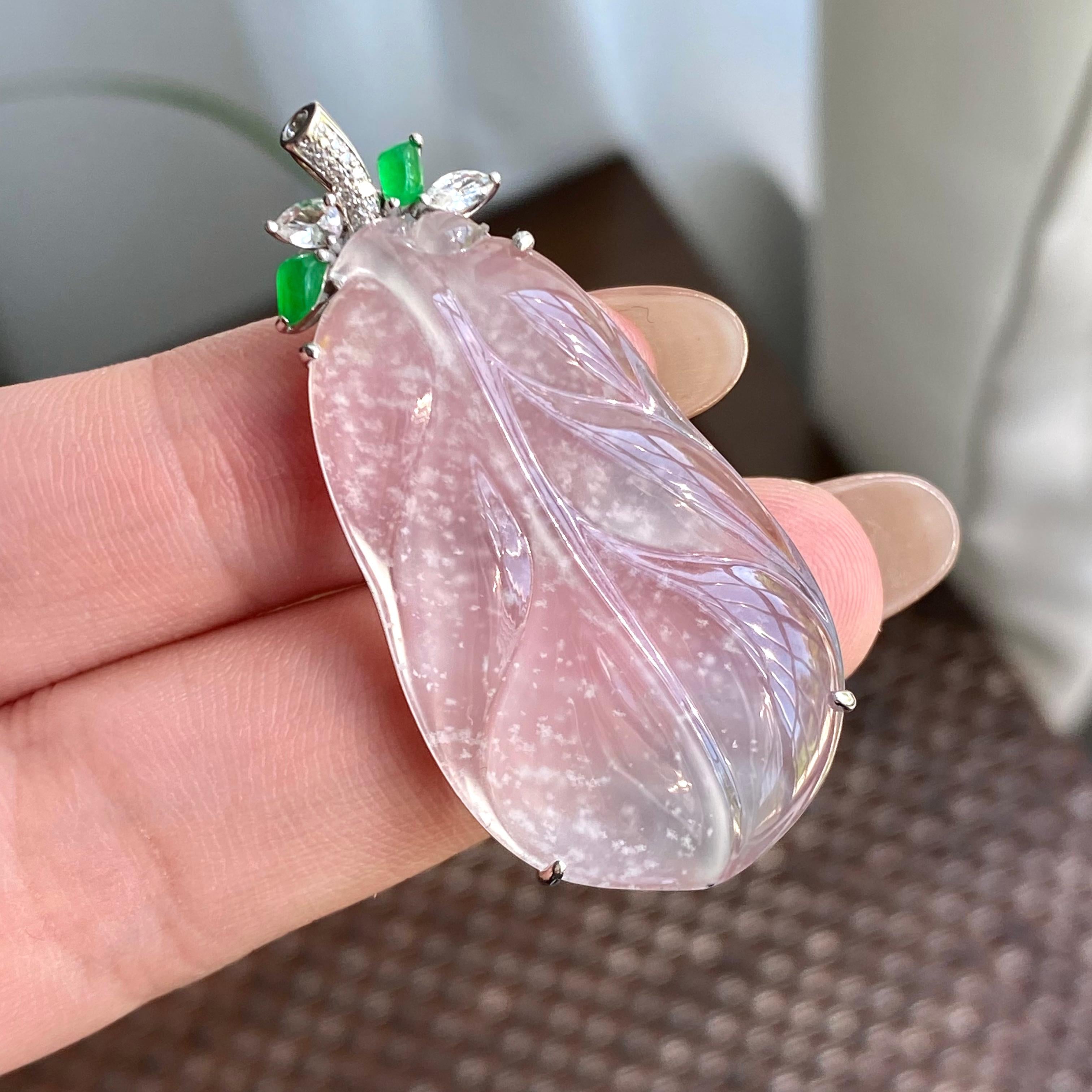 18k金钻镶高冰种雪花棉玉叶吊坠（yc266155）