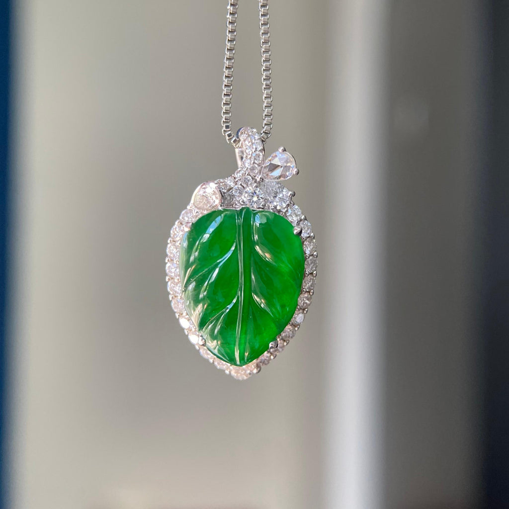 18k金钻镶冰种阳绿玉叶吊坠（yc209950）