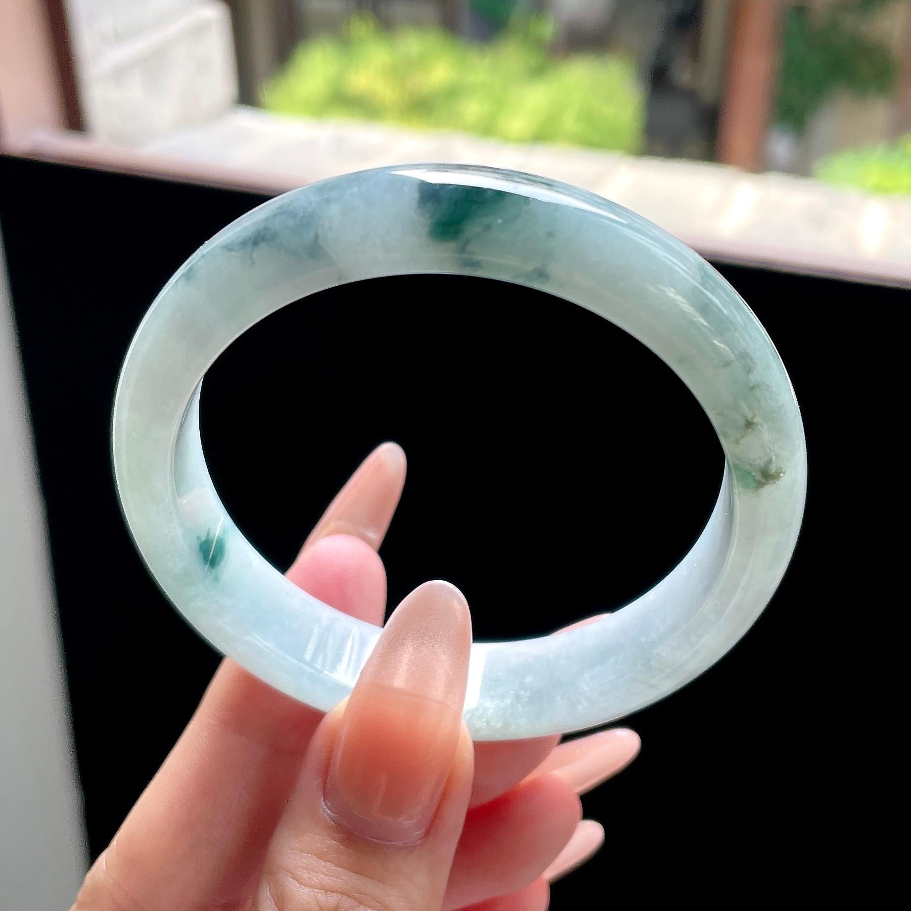 糯种蓝飘花正圈平安镯 56圈 天然缅甸A货翡翠（yc522691）