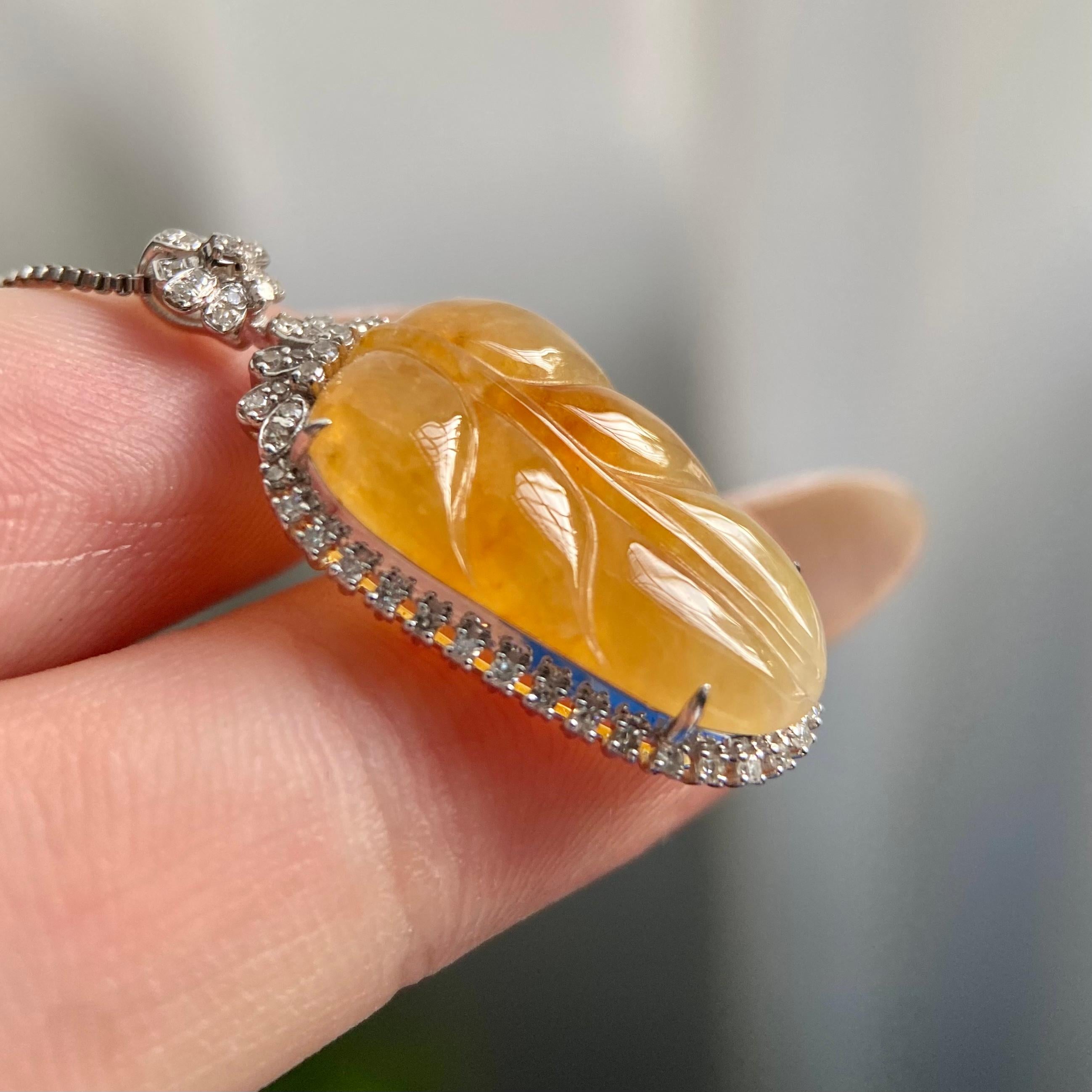 18k金钻镶冰种黄翡玉叶吊坠（yc219270）