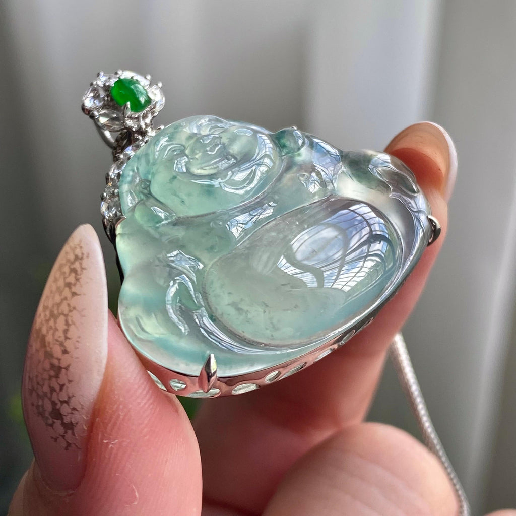 18k金钻镶高冰种飘花佛公吊坠（yc206341）