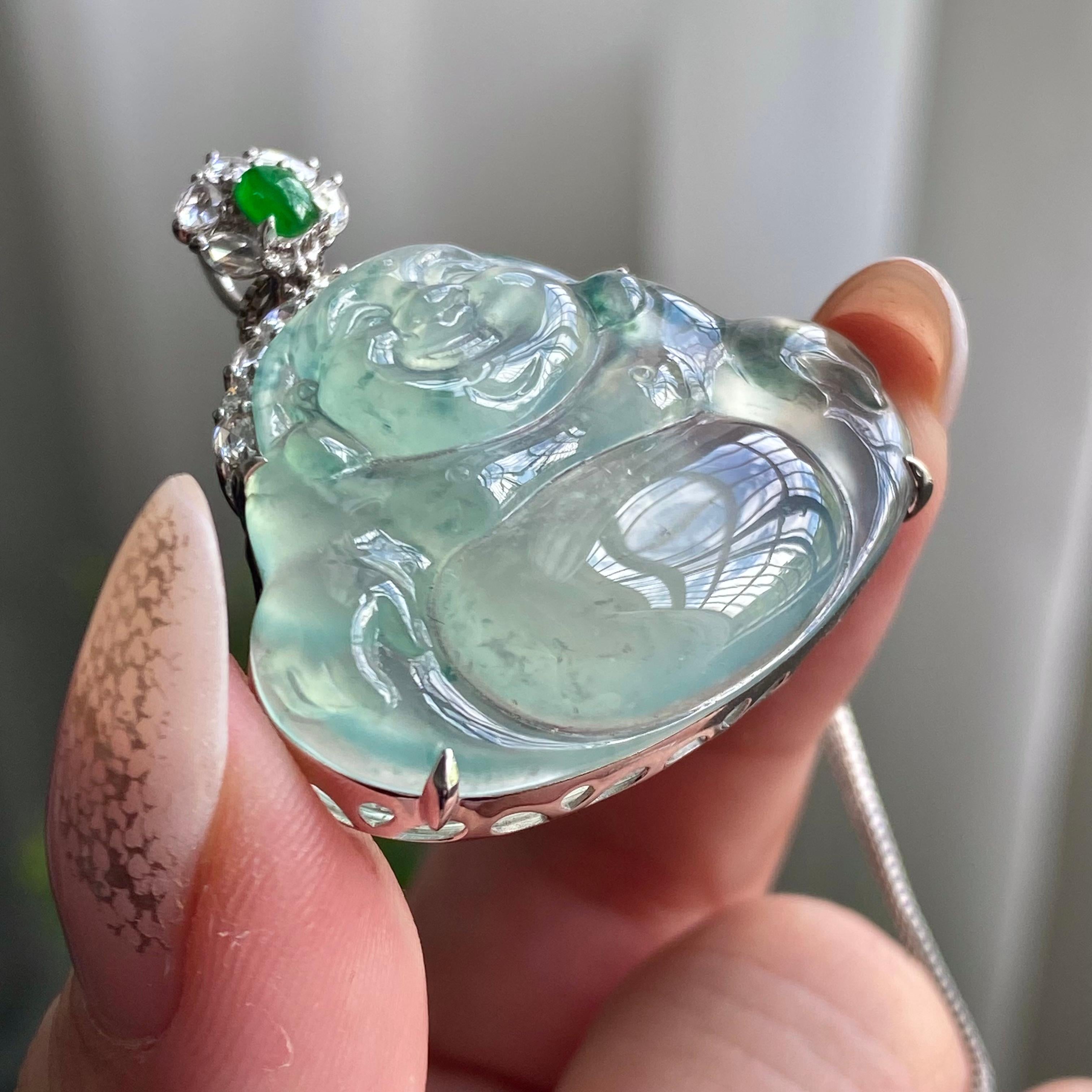 18k金钻镶高冰种飘花佛公吊坠（yc206341）