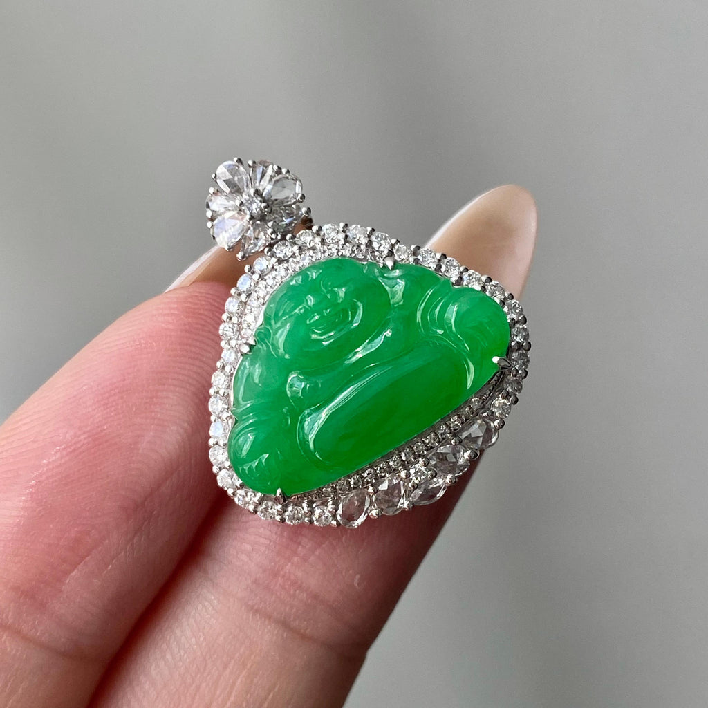 18k金钻镶冰种满绿佛公吊坠（yc204857）