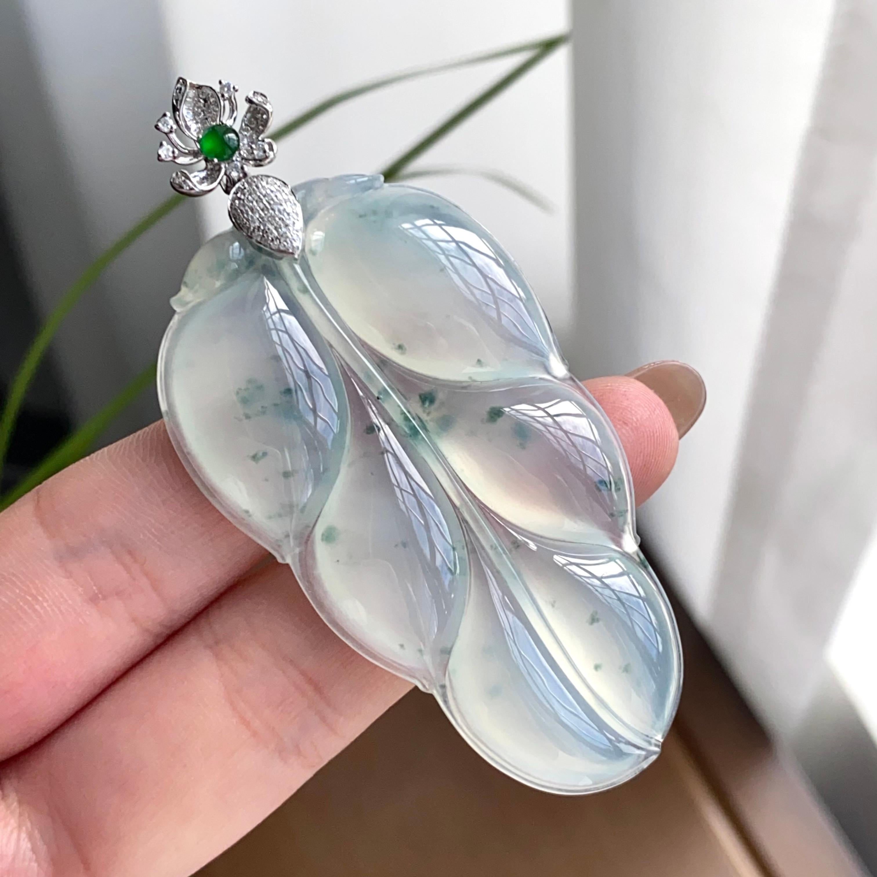 18k金钻镶冰种飘花玉叶吊坠（yc262745）