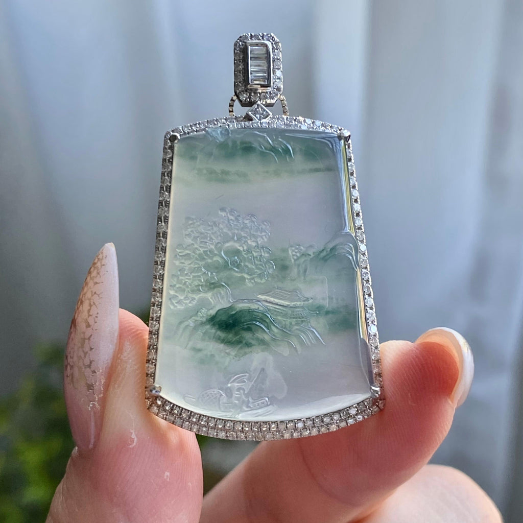 18k金钻镶冰种飘花山水牌吊坠（yc205075）