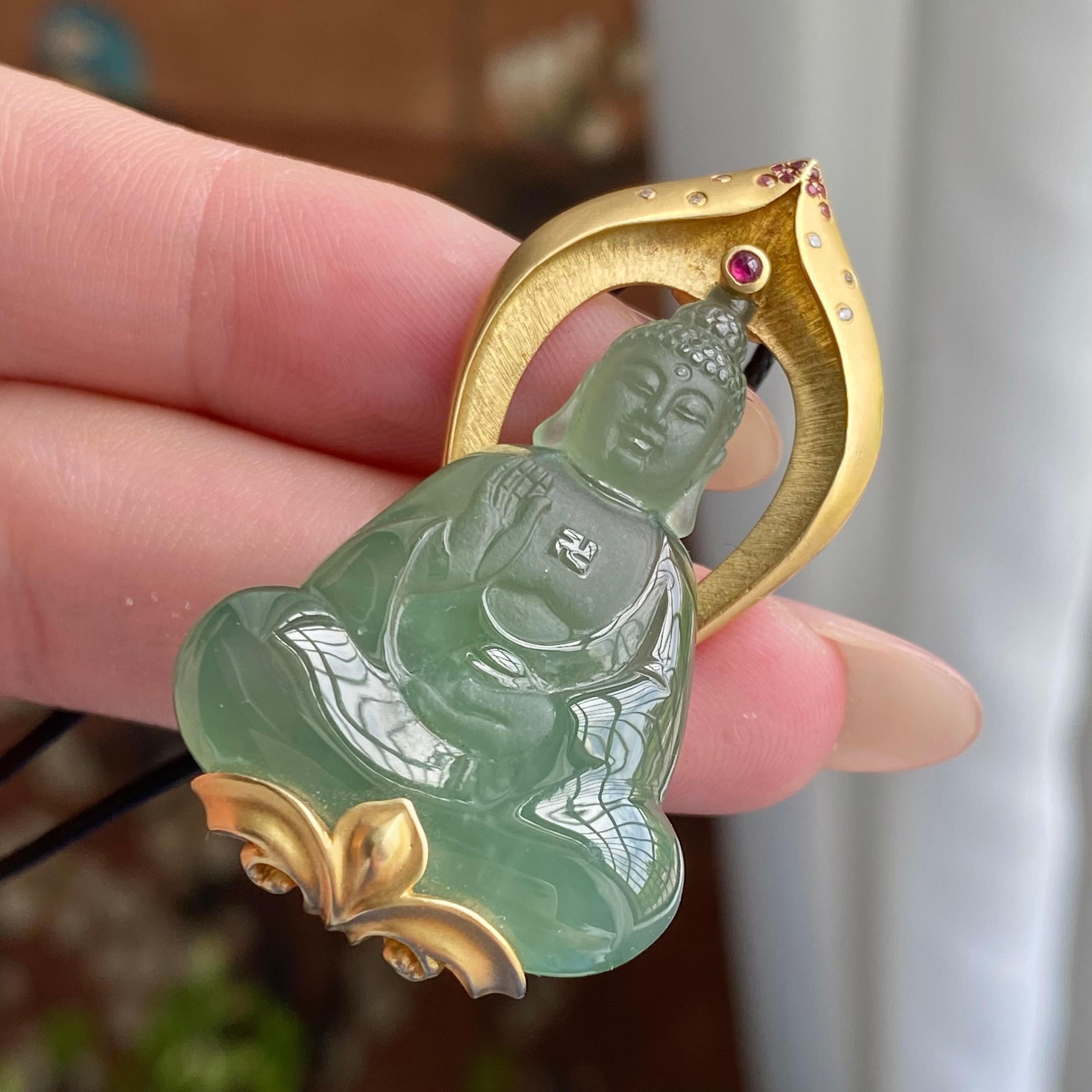 18k金镶冰种湖水绿观音吊坠（yc235110）