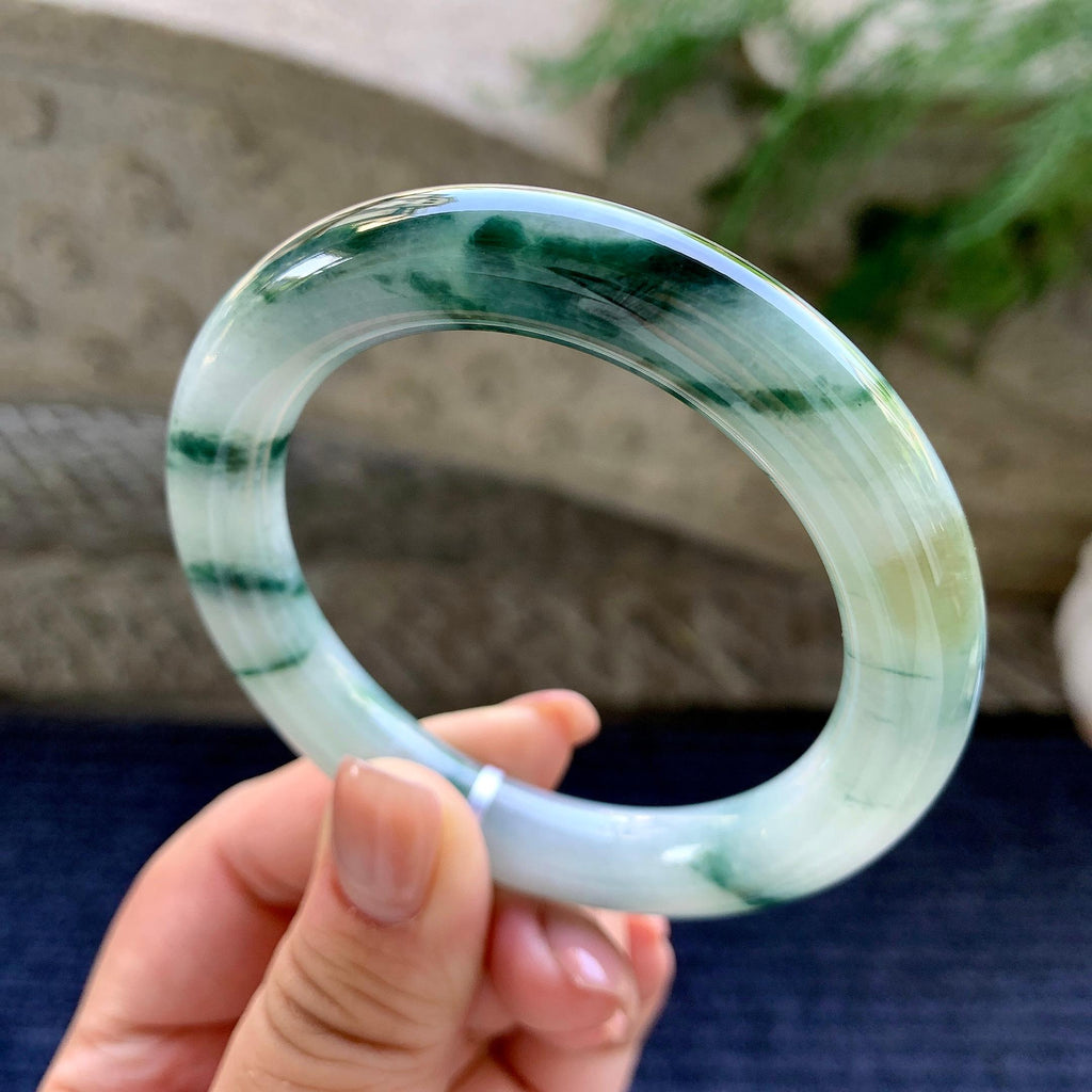 细糯种飘蓝花洒金圆条手镯 55.4圈口 天然缅甸A货翡翠（yc498061）
