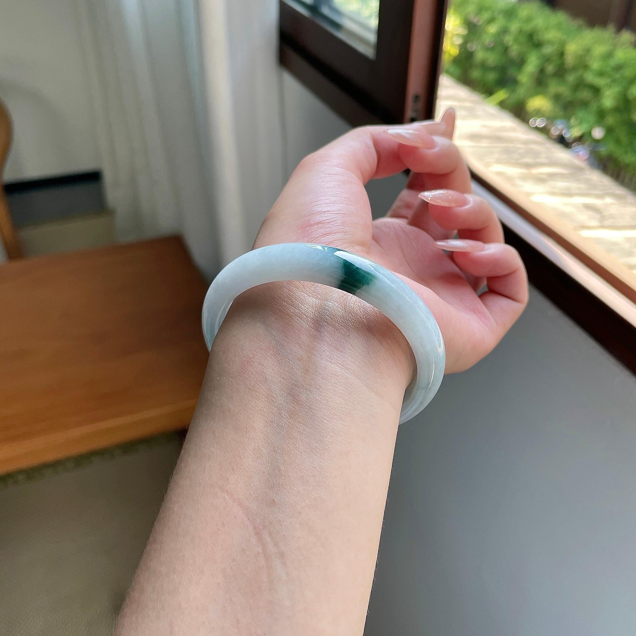 大圈口 糯种蓝飘花正圈平安镯 60圈口 天然缅甸货翡翠（yc508734）