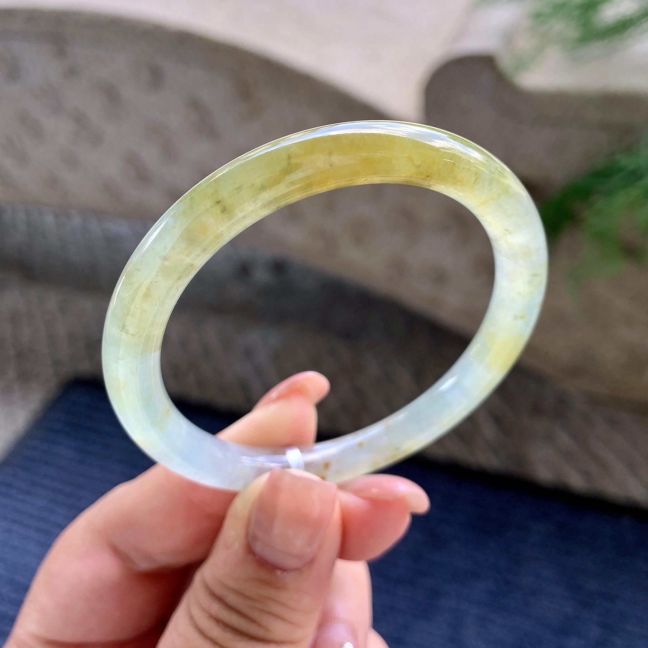 小圈口 糯冰种黄翡圆条手镯 51.5圈口 天然缅甸A货翡翠（yc532848）