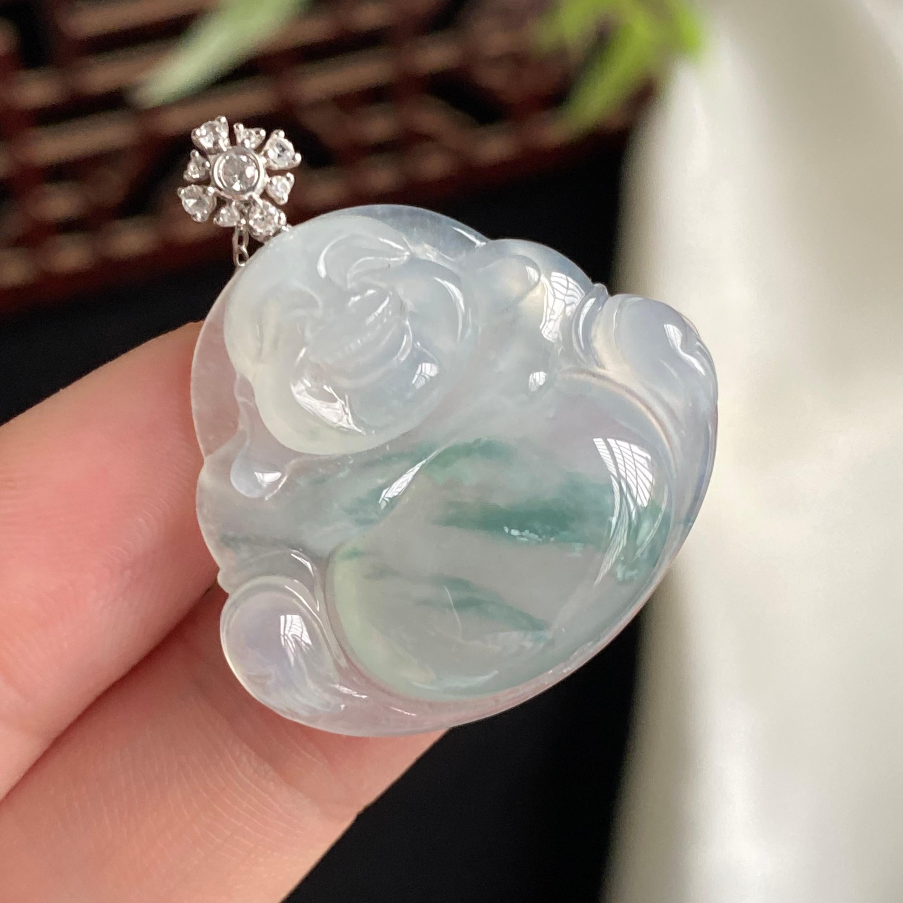 18k金钻镶冰种飘花佛公吊坠（yc197329）