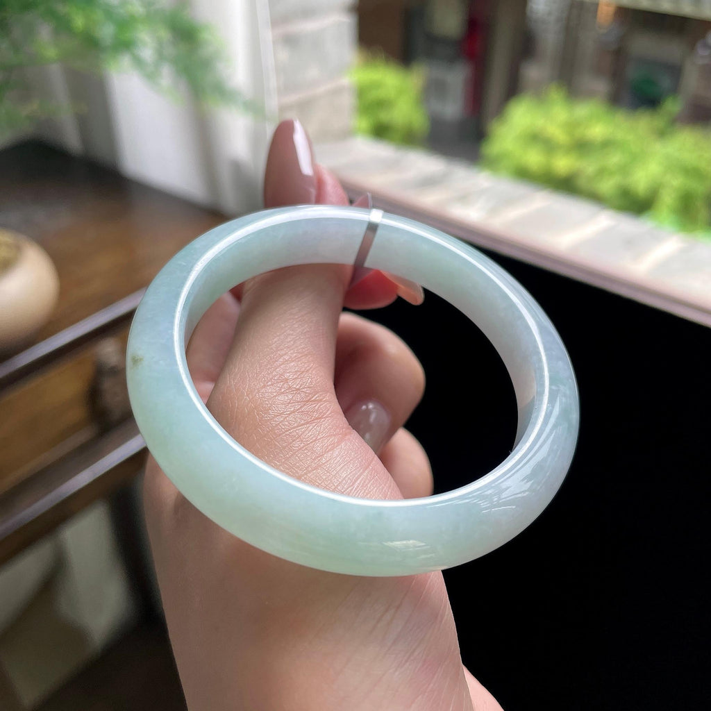 小圈口细糯种白底青正圈平安镯 52圈 天然缅甸A货翡翠（yc696406）