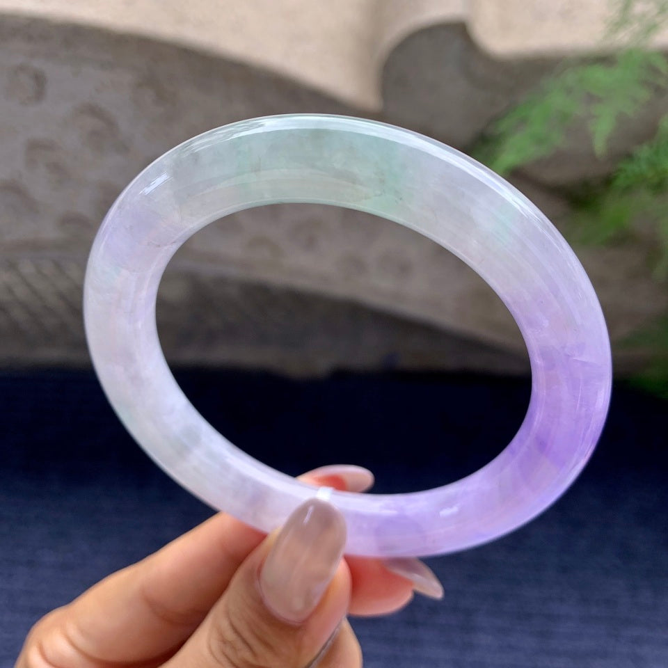 糯冰种紫罗兰飘绿花圆条手镯（58.5mm）（yc172328）