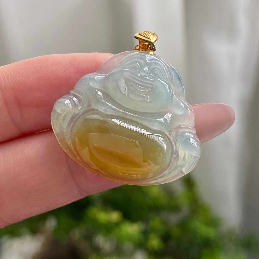 18k金镶冰种黄翡肚里藏金佛公吊坠（yc200394）