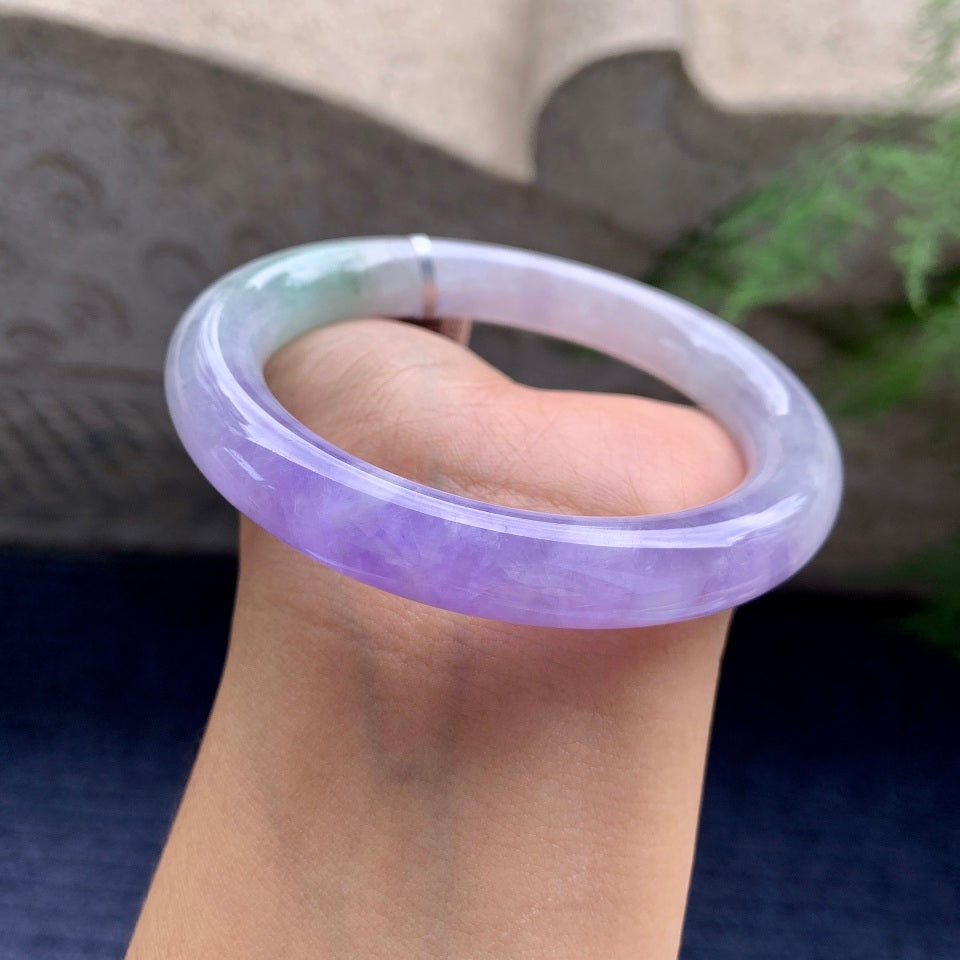糯冰种紫罗兰飘绿花圆条手镯（58.5mm）（yc172328）