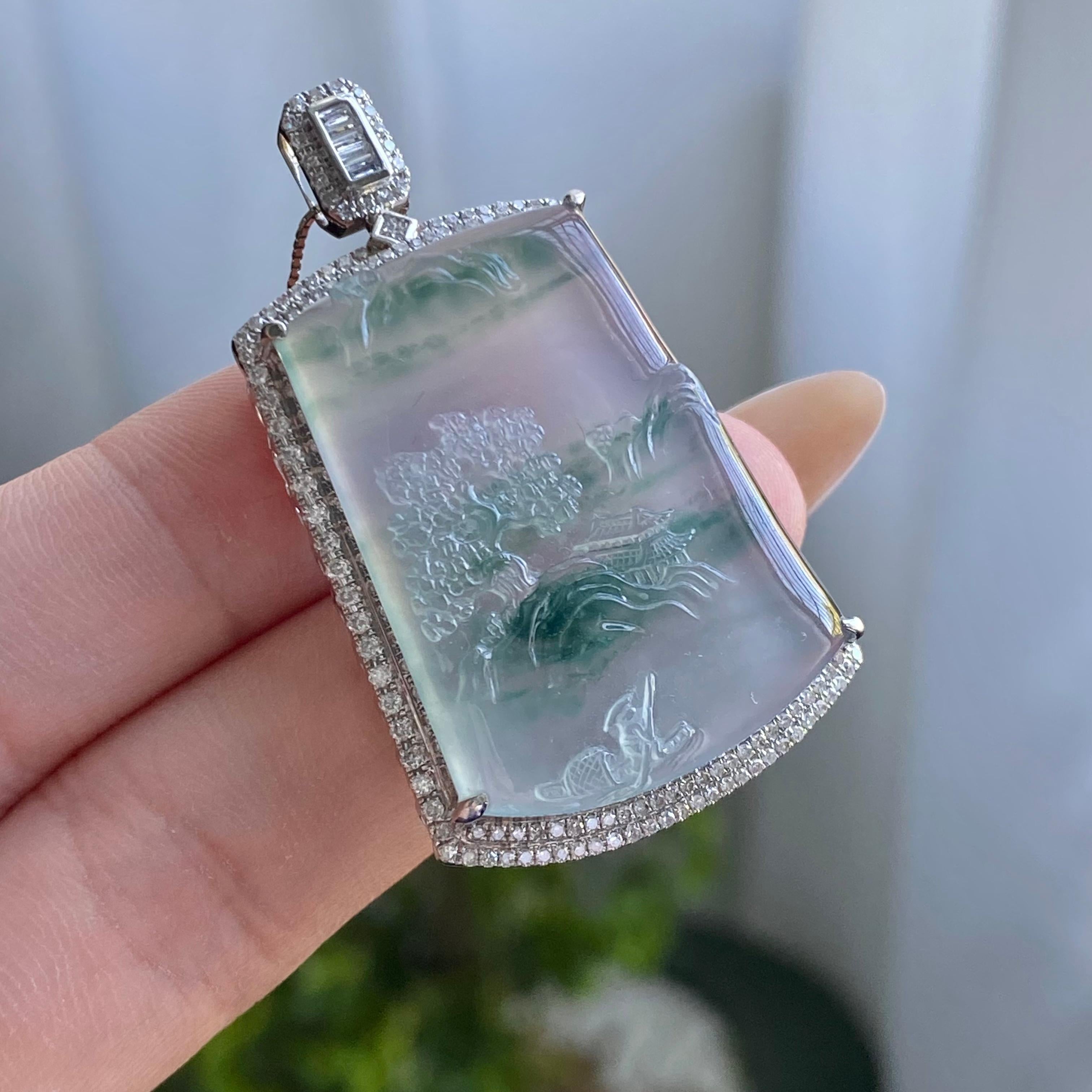 18k金钻镶冰种飘花山水牌吊坠（yc205075）