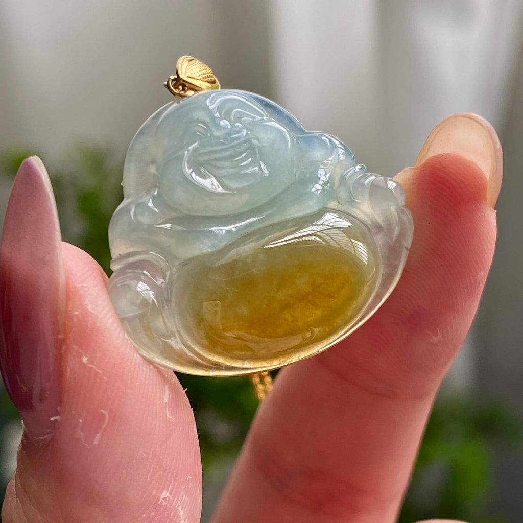 18k金镶冰种黄翡肚里藏金佛公吊坠（yc200394）