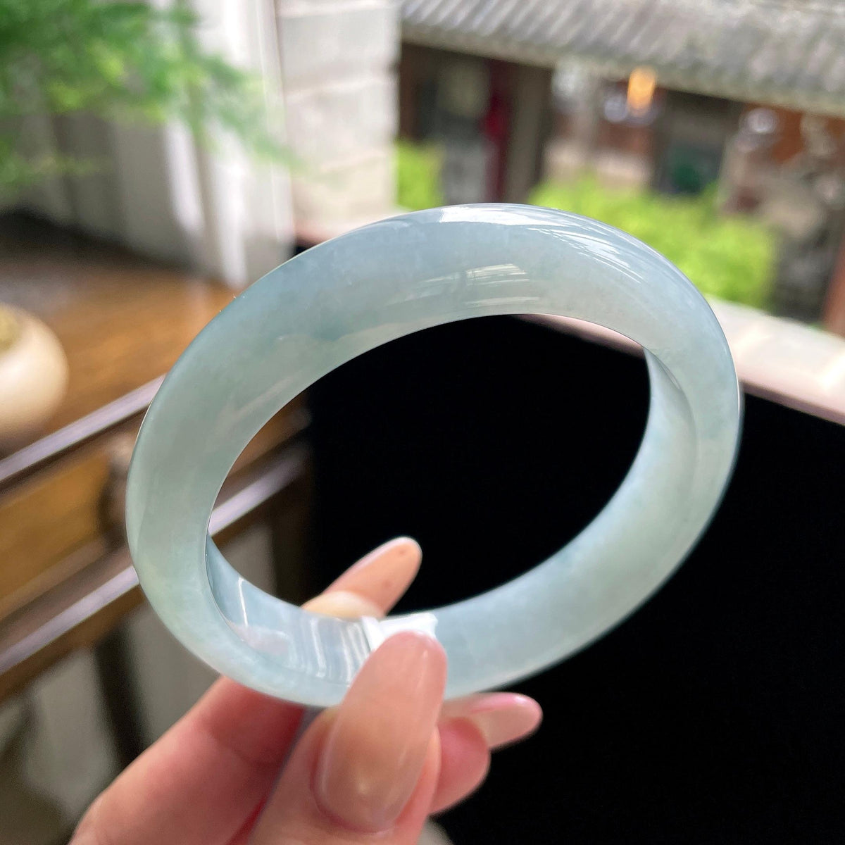 细糯种晴蓝底正圈平安镯 57圈 天然缅甸A货翡翠（yc696401）