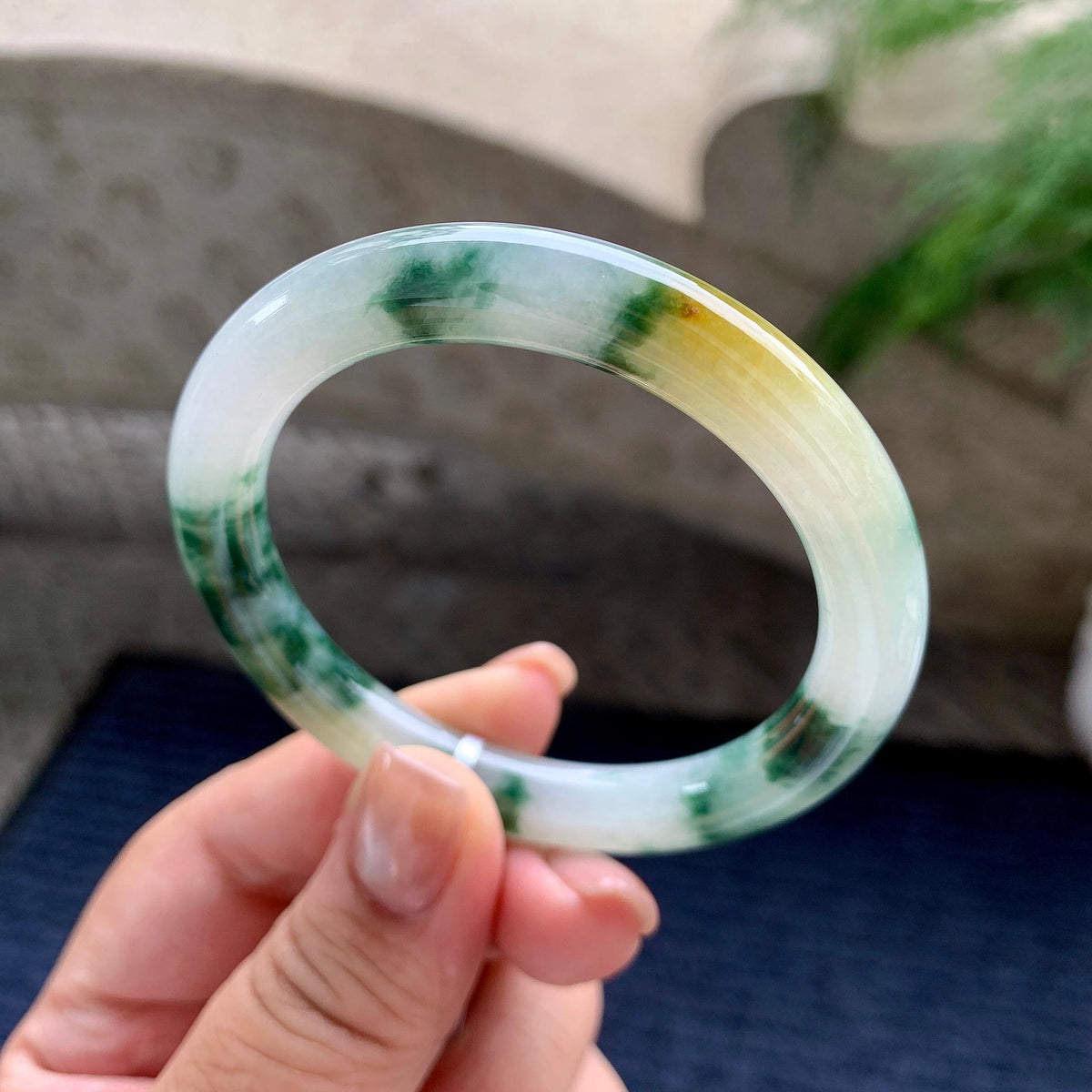 小圈口 细糯种黄翡飘蓝花圆条手镯 51.8圈口 天然缅甸A货翡翠（yc703338）