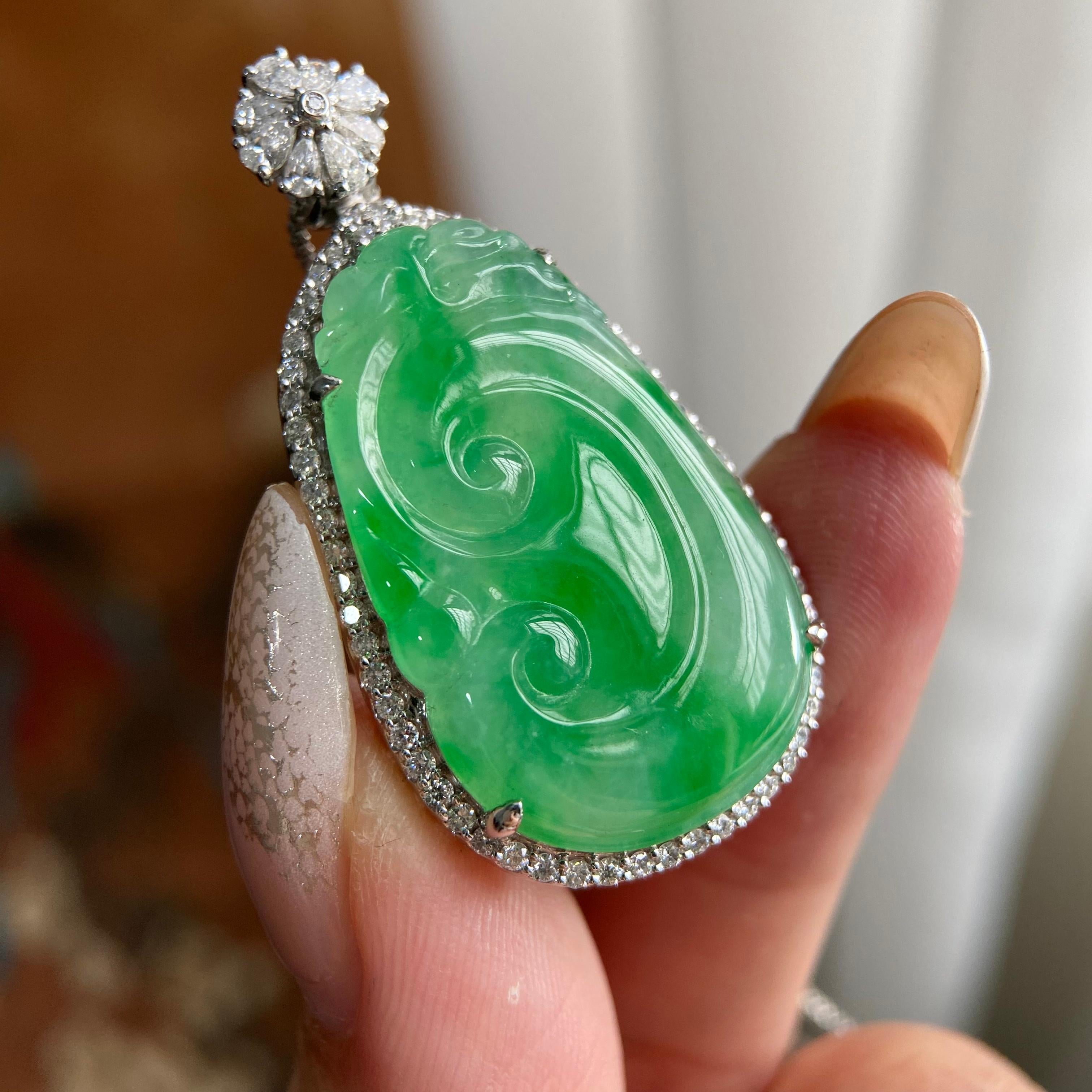 18k金钻镶糯冰种满绿如意吊坠（yc223807）