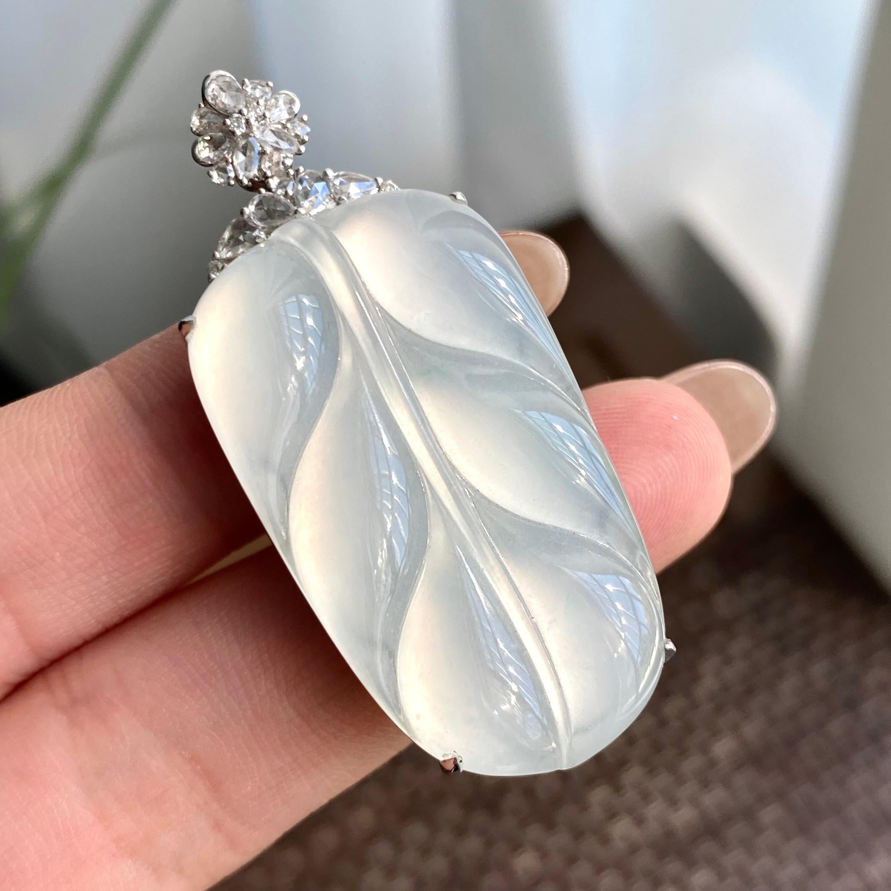 18k金钻镶冰种白月光玉叶吊坠（yc266179）