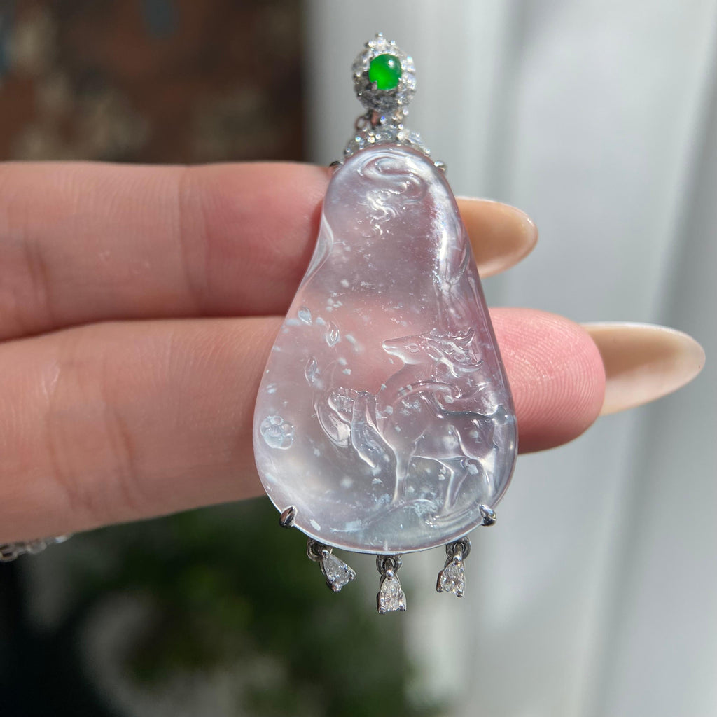 18k金钻镶冰玻种雪花棉小鹿吊坠（yc209963）