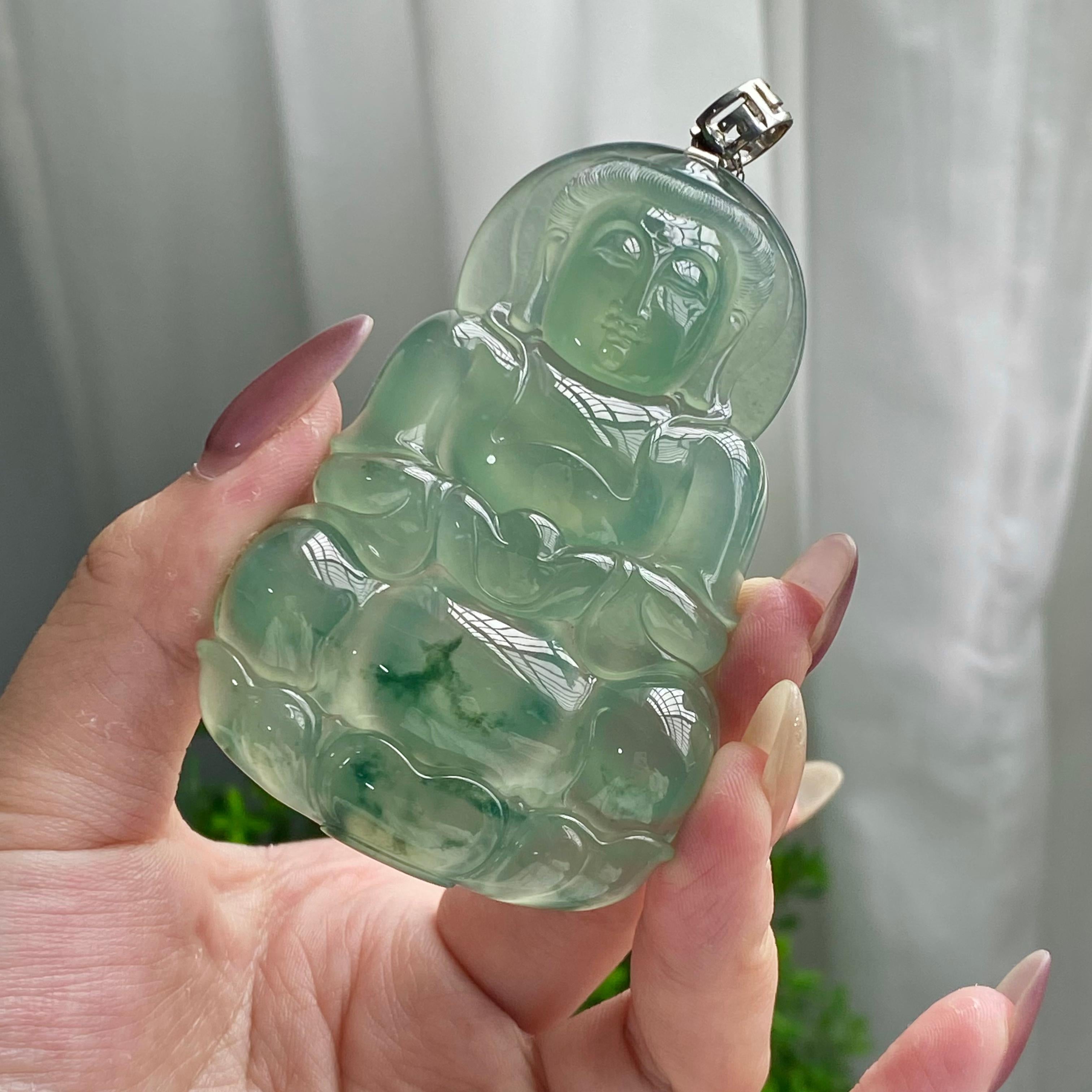 18k金镶冰种湖水绿飘花观音吊坠（yc201006）