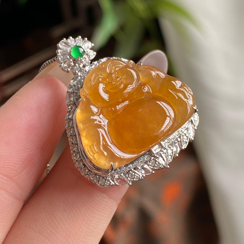 18k金钻镶冰种黄翡佛公吊坠（yc195159）