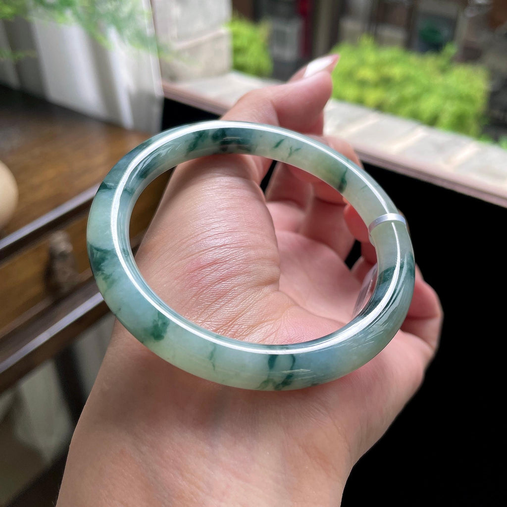 细糯种蓝飘花圆条美人条 56圈 天然缅甸A货翡翠（yc696407）
