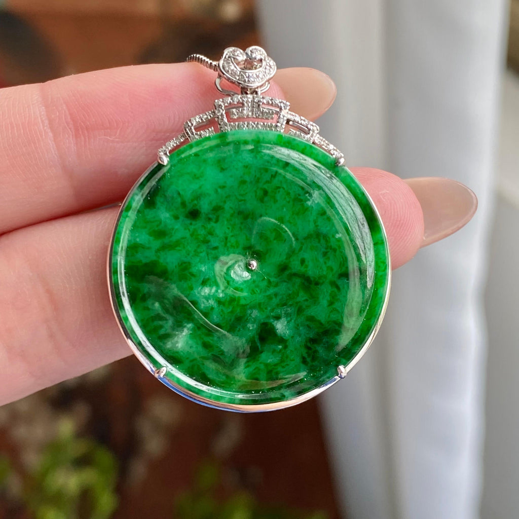 18k金钻镶细糯种阳绿圆牌吊坠（yc235108）