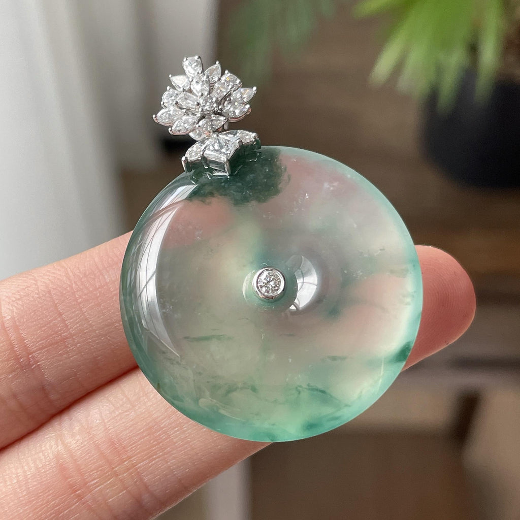 18K金镶冰种飘花平安扣吊坠（yc711244）