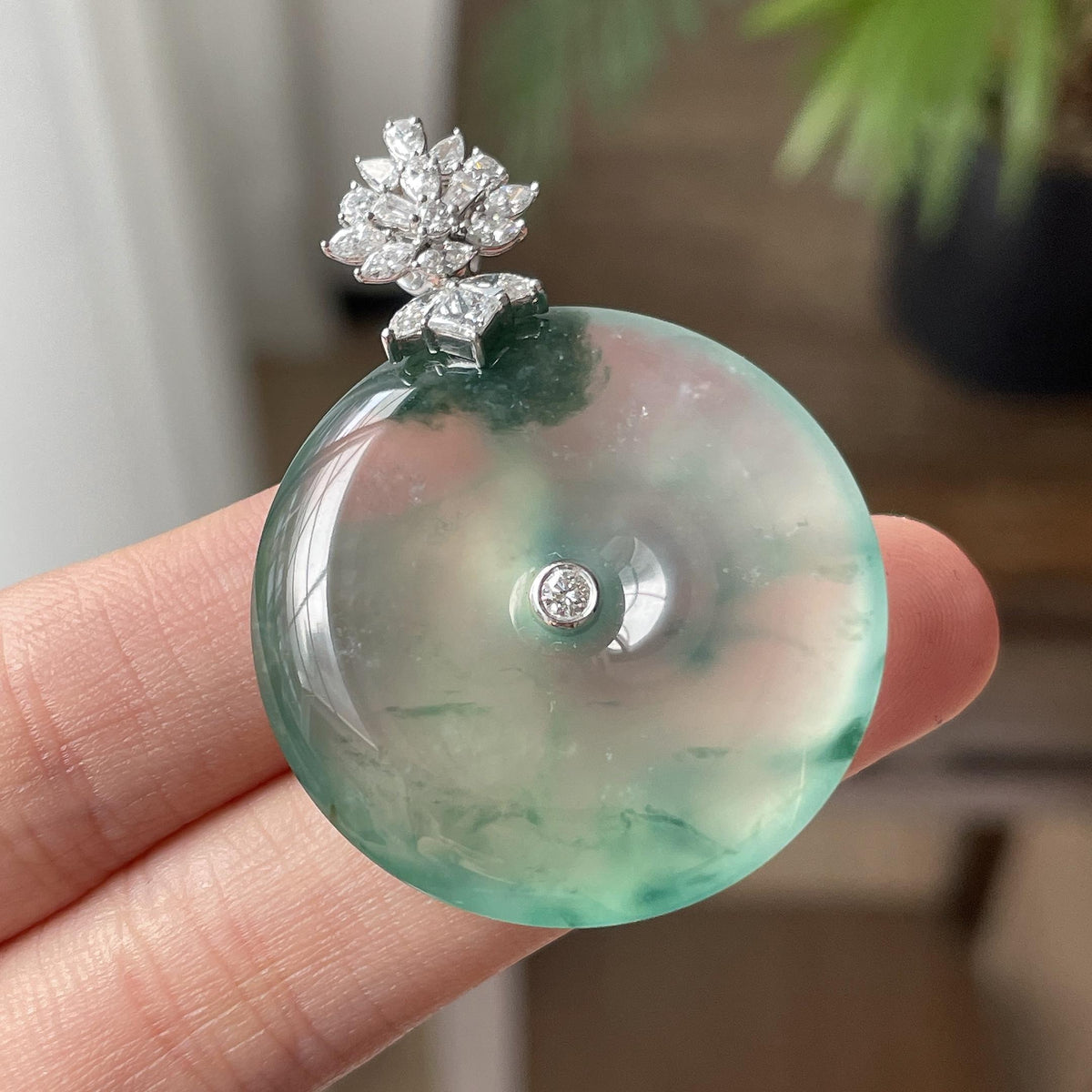 18K金镶冰种飘花平安扣吊坠（yc711244）