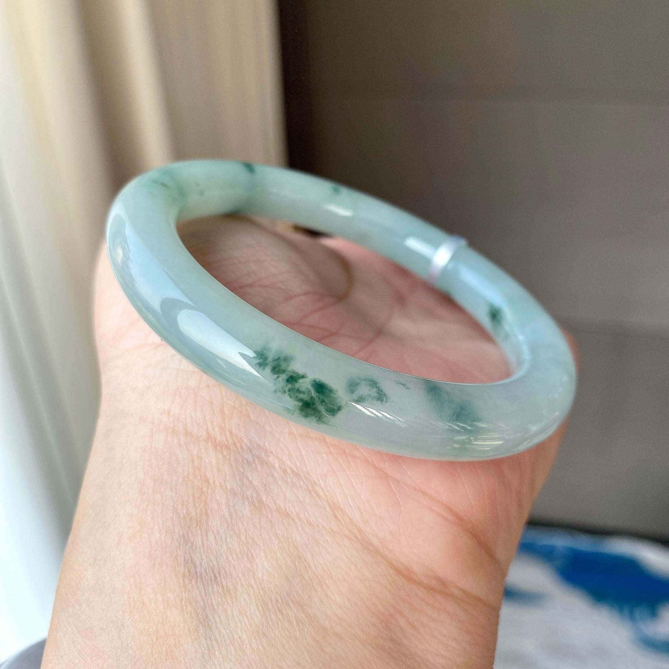 细糯种飘花圆条手镯56圈口 天然缅甸A货翡翠（yc316461）