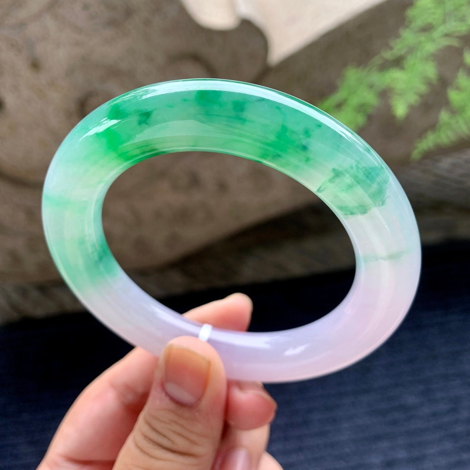 糯冰种紫罗兰飘绿圆条手镯（58.2mm）（yc165859）