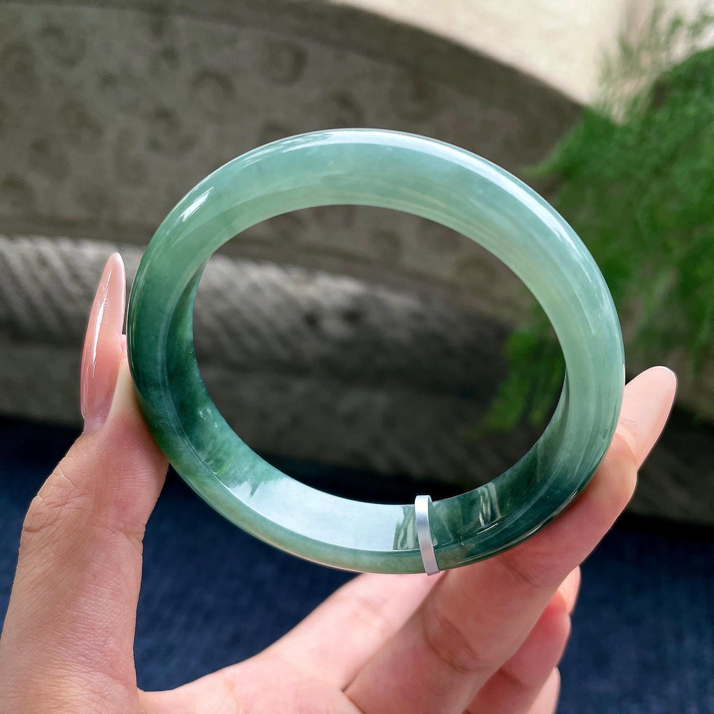 细糯种油青色湖水绿正圈平安镯 56圈口 天然缅甸A货翡翠（yc530780）