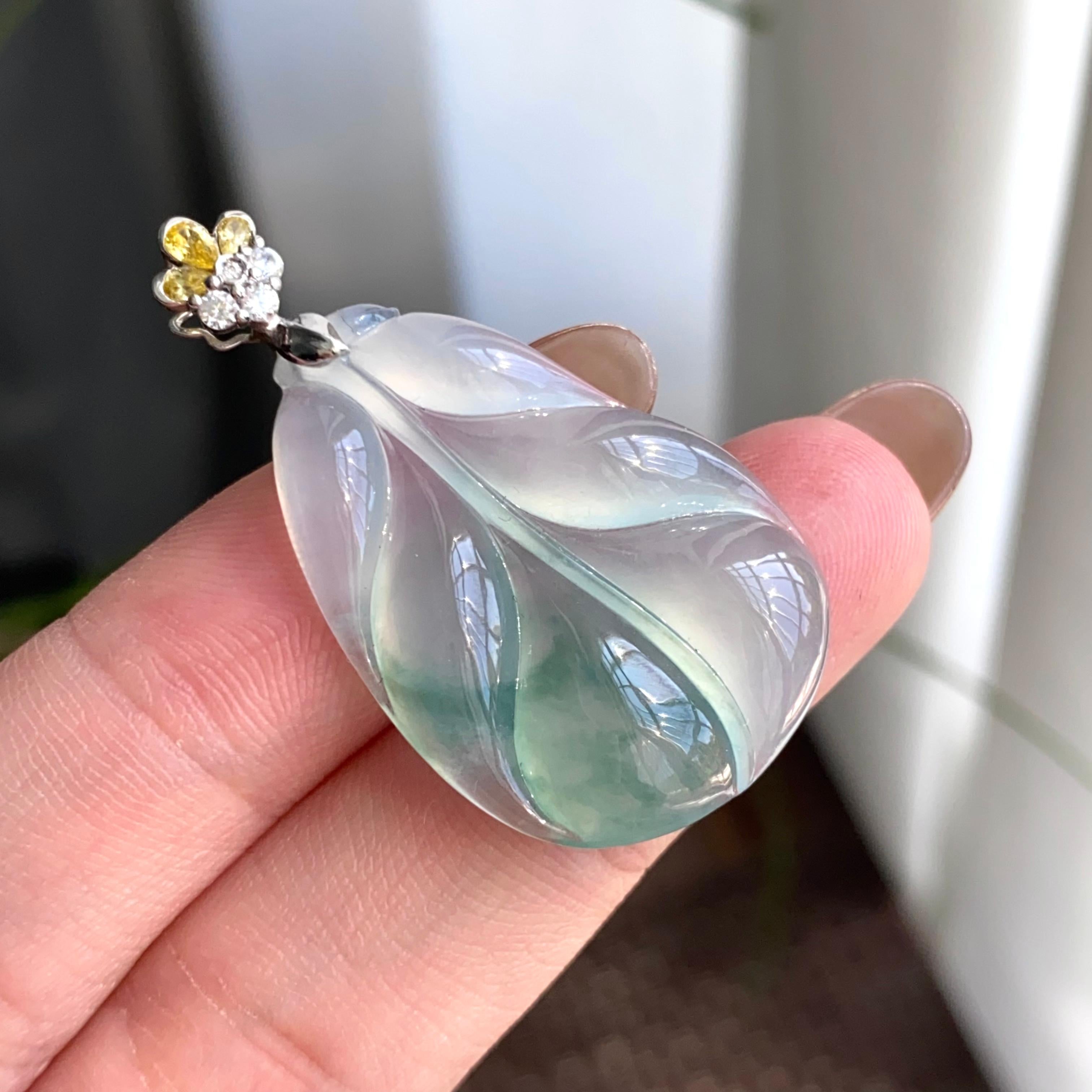 18k金钻镶冰种飘花玉叶吊坠（yc263896）