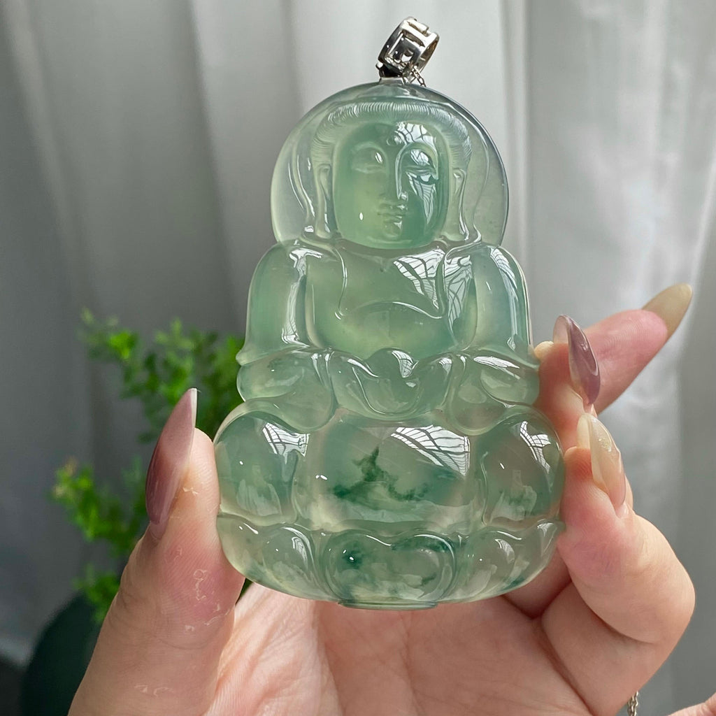 18k金镶冰种湖水绿飘花观音吊坠（yc201006）