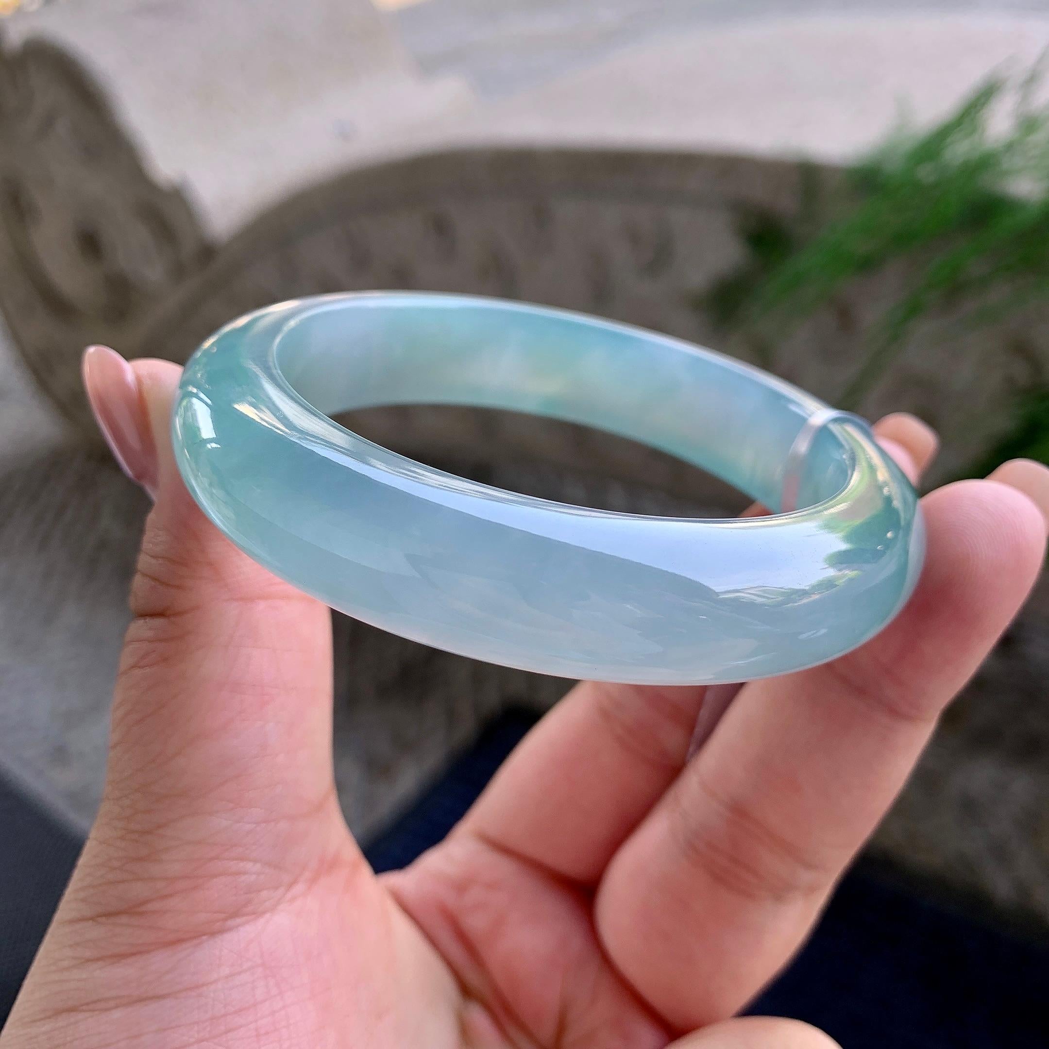 大圈口 糯冰种晴水正圈平安镯 58圈口 天然缅甸A货翡翠（yc508668）