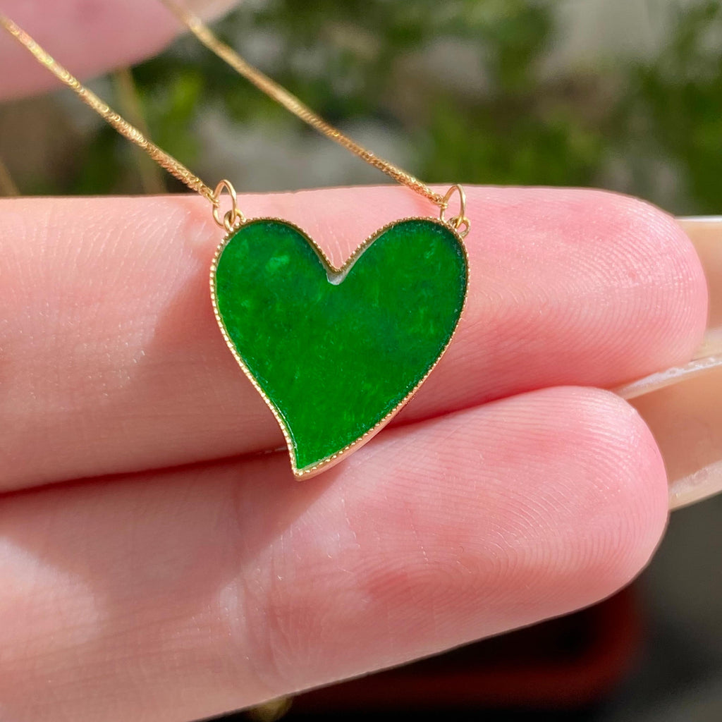 18k金镶糯冰种心形辣绿吊坠（yc216767）