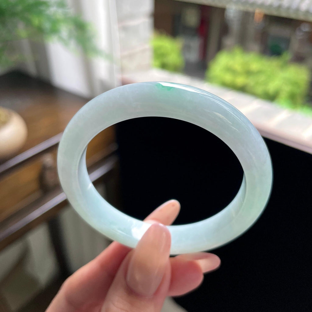 小圈口细糯种白底青正圈平安镯 52圈 天然缅甸A货翡翠（yc696406）