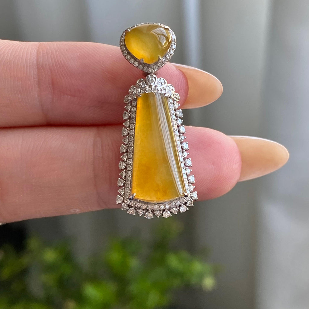 18k金钻镶冰种黄翡无事牌吊坠（yc205099）